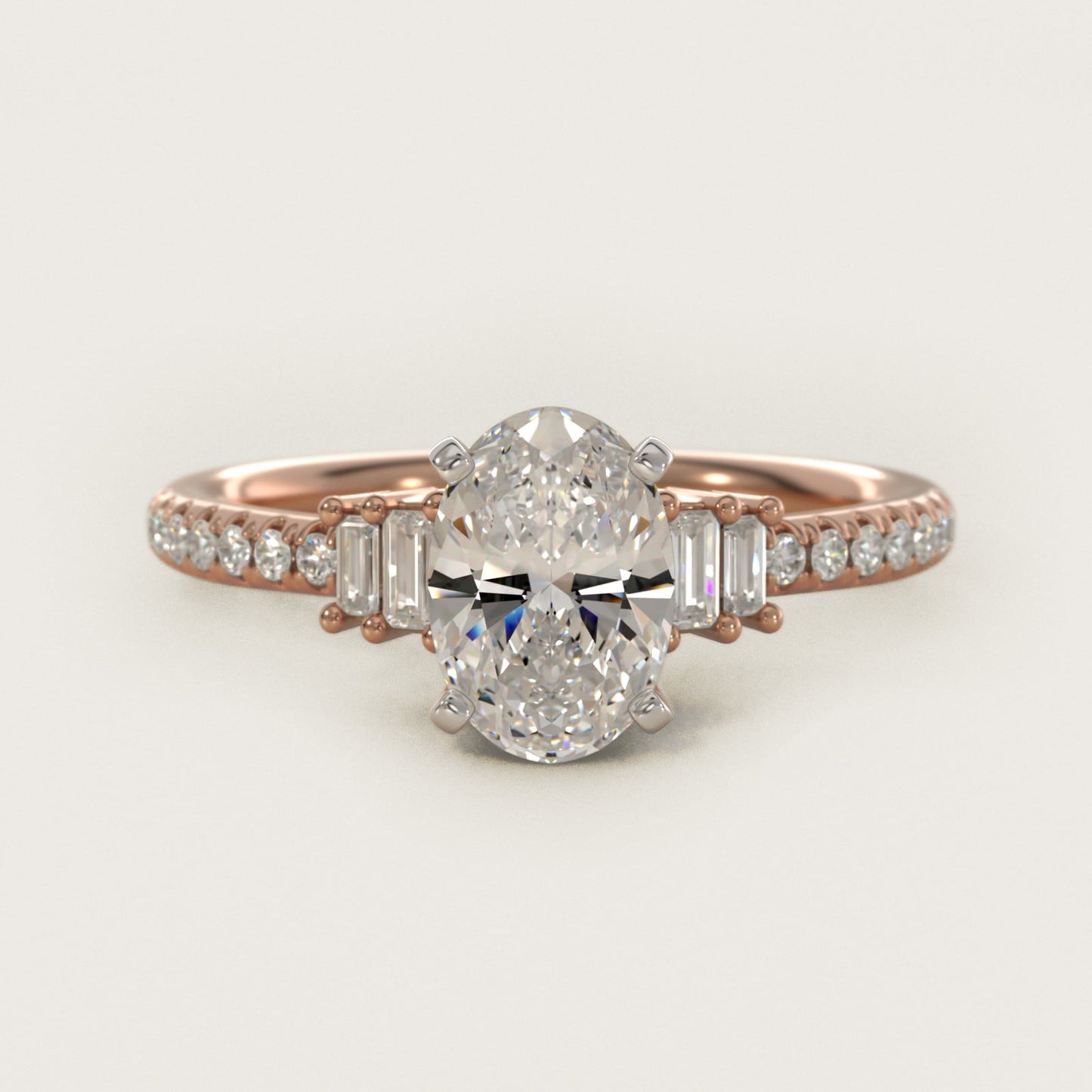 Petite Baguette and PavŽ Diamond Engagement Ring in 14k Rose Gold - Oval Center