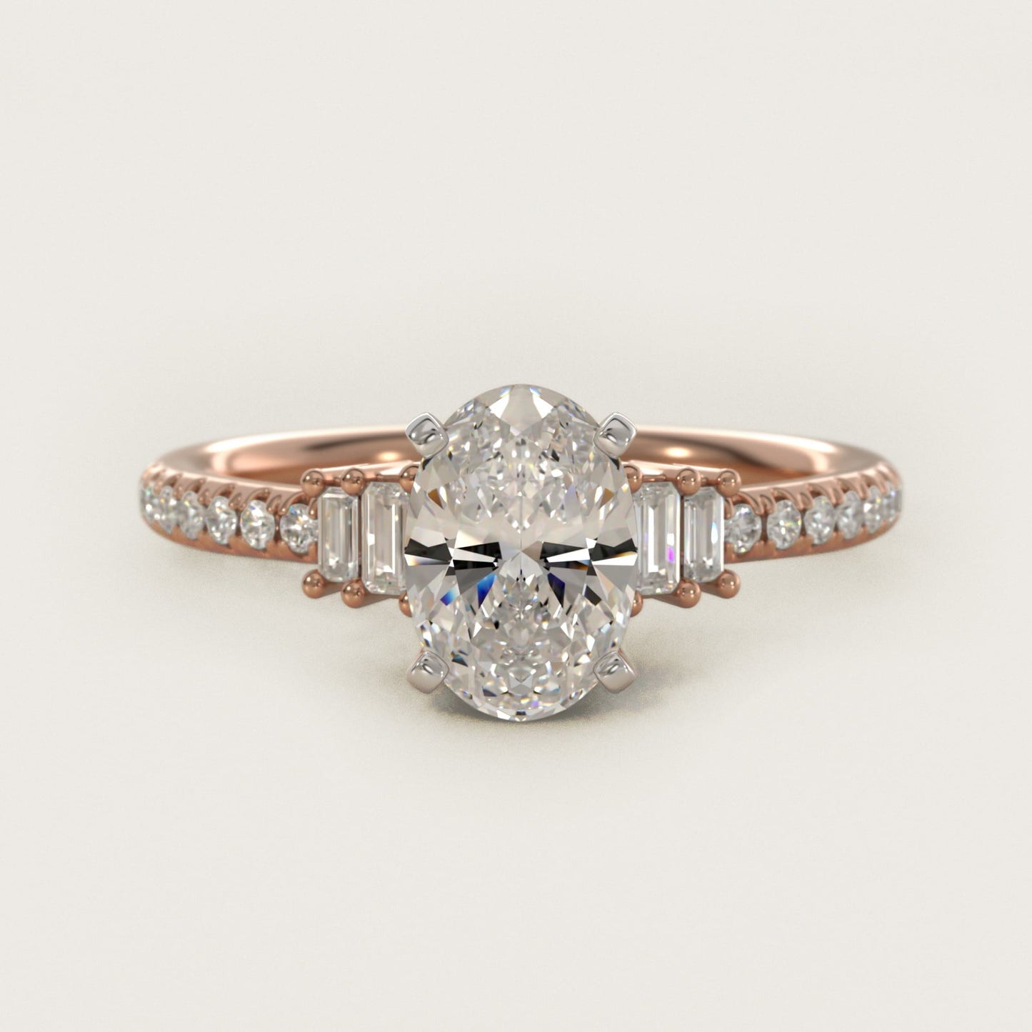 Petite Baguette and Pav? Diamond Engagement Ring in 18k Rose Gold - Oval Center