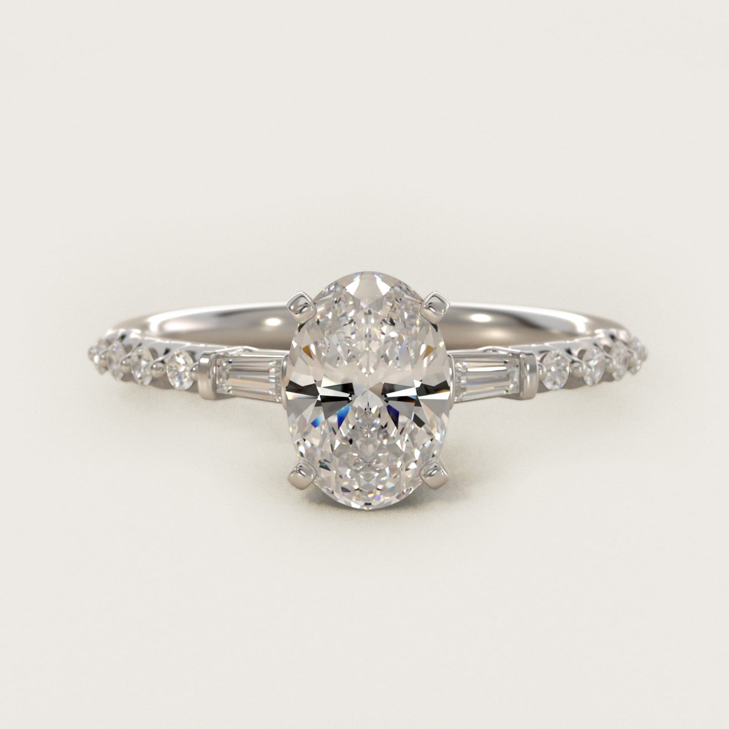 Petite Baguette and Floating Round Diamond Engagement Ring in 18k White Gold (1/5 ct. tw.) - Oval Center