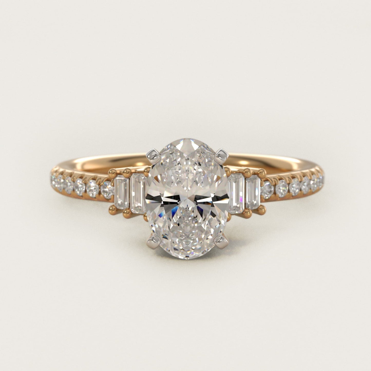 Petite Baguette and Pav? Diamond Engagement Ring in 18k Yellow Gold - Oval Center