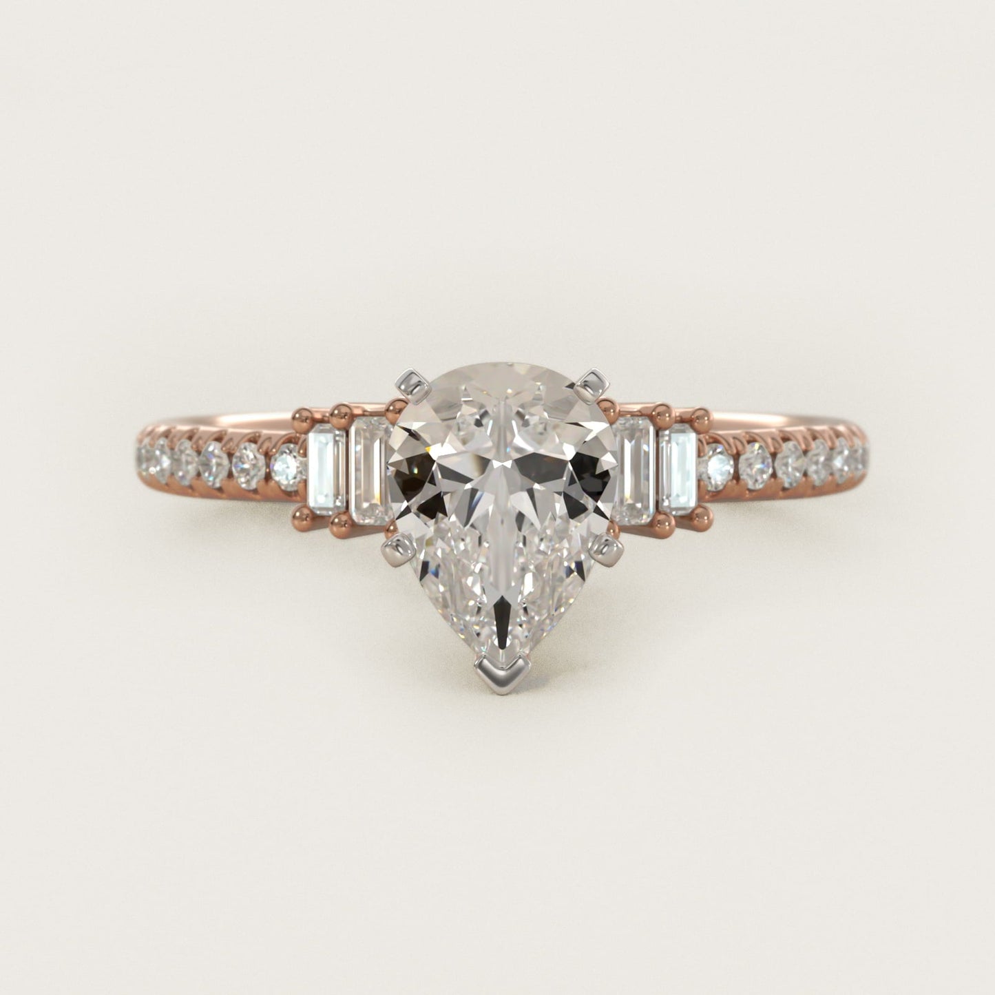 Petite Baguette and Pav? Diamond Engagement Ring in 18k Rose Gold - Pear Center