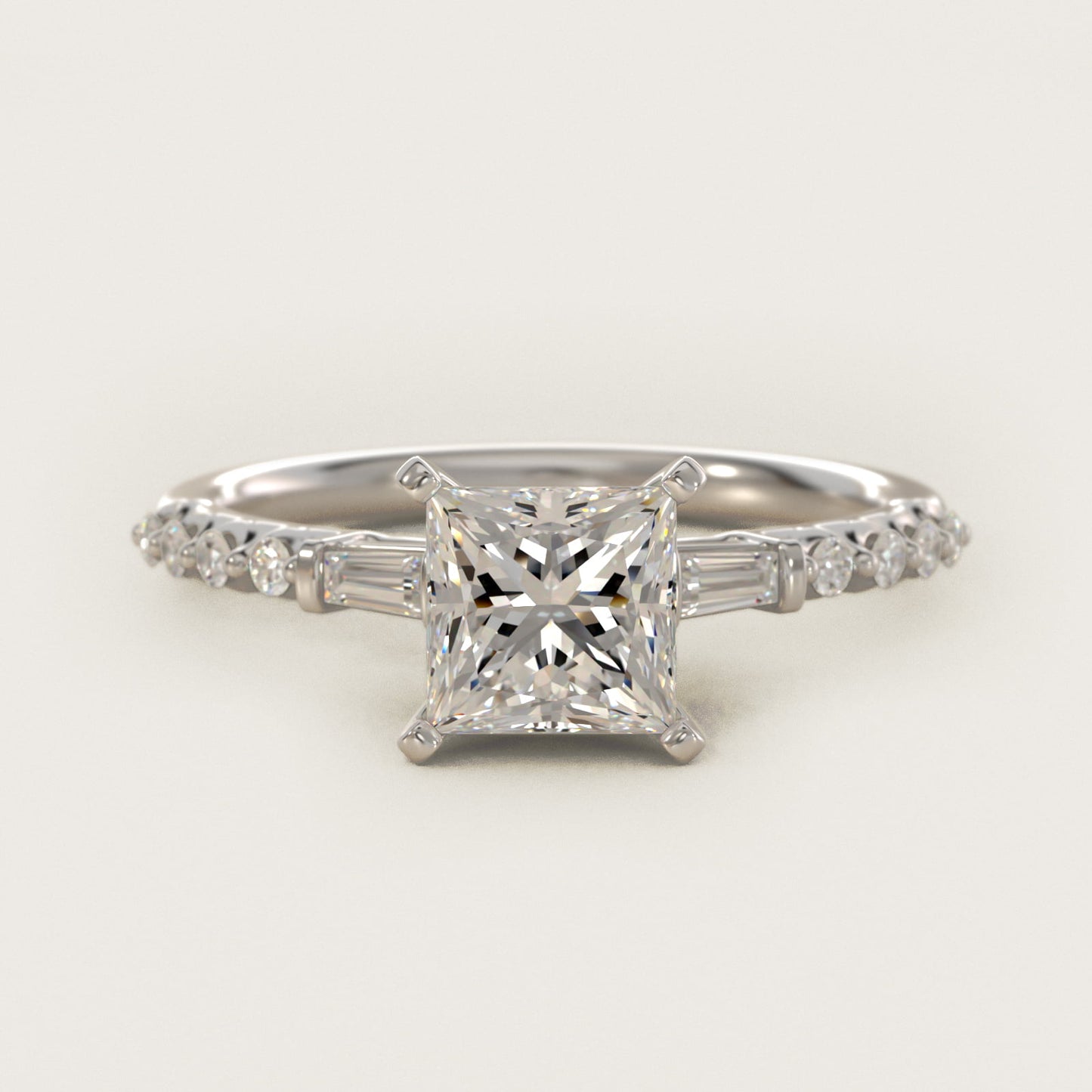 Petite Baguette and Floating Round Diamond Engagement Ring in 14k White Gold (1/5 ct. tw.) - Princess Center