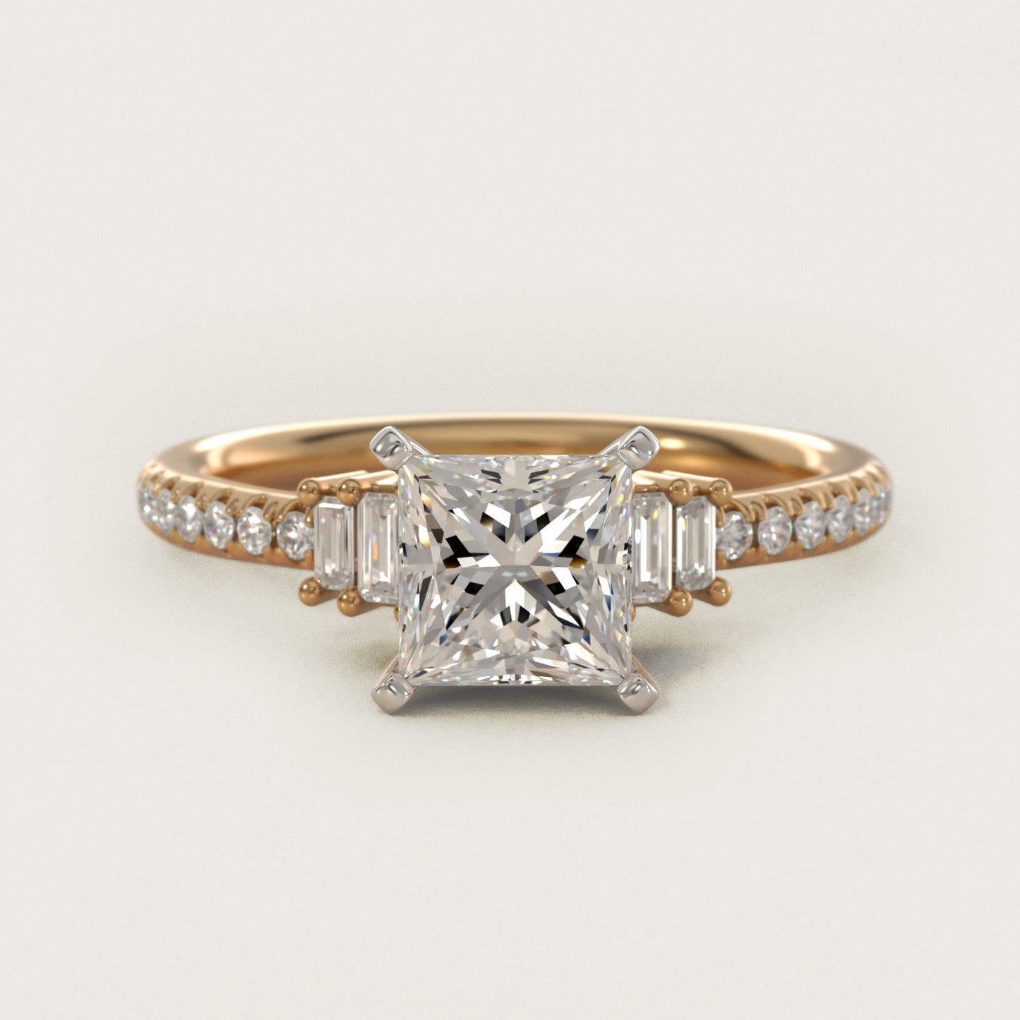 Petite Baguette and PavŽ Diamond Engagement Ring in 14k Yellow Gold - Princess Center