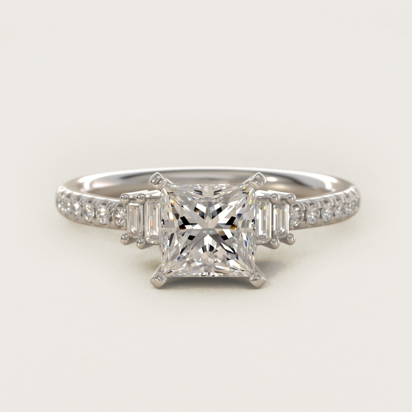 Petite Baguette and Pav? Diamond Engagement Ring in Platinum - Princess Center