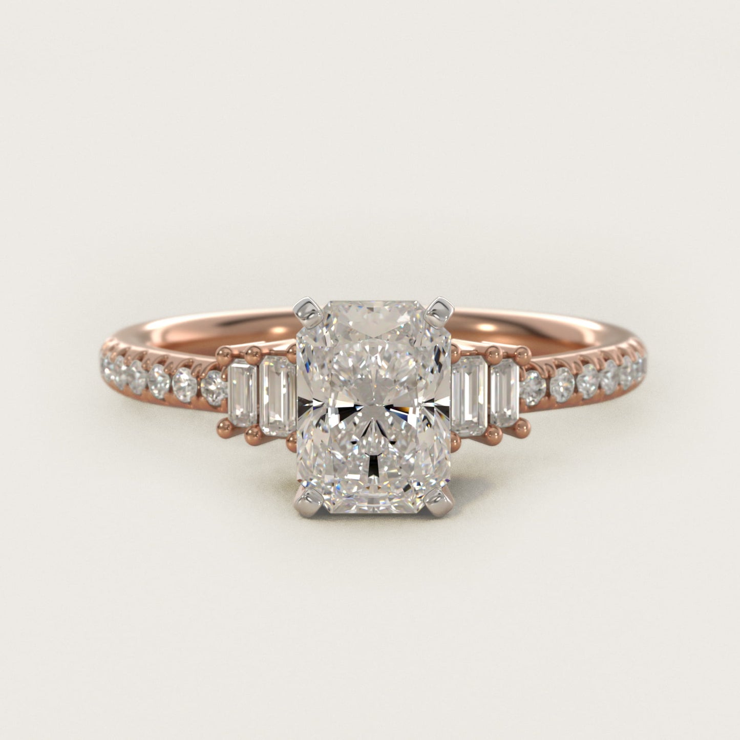 Petite Baguette and PavŽ Diamond Engagement Ring in 14k Rose Gold - Radiant Center