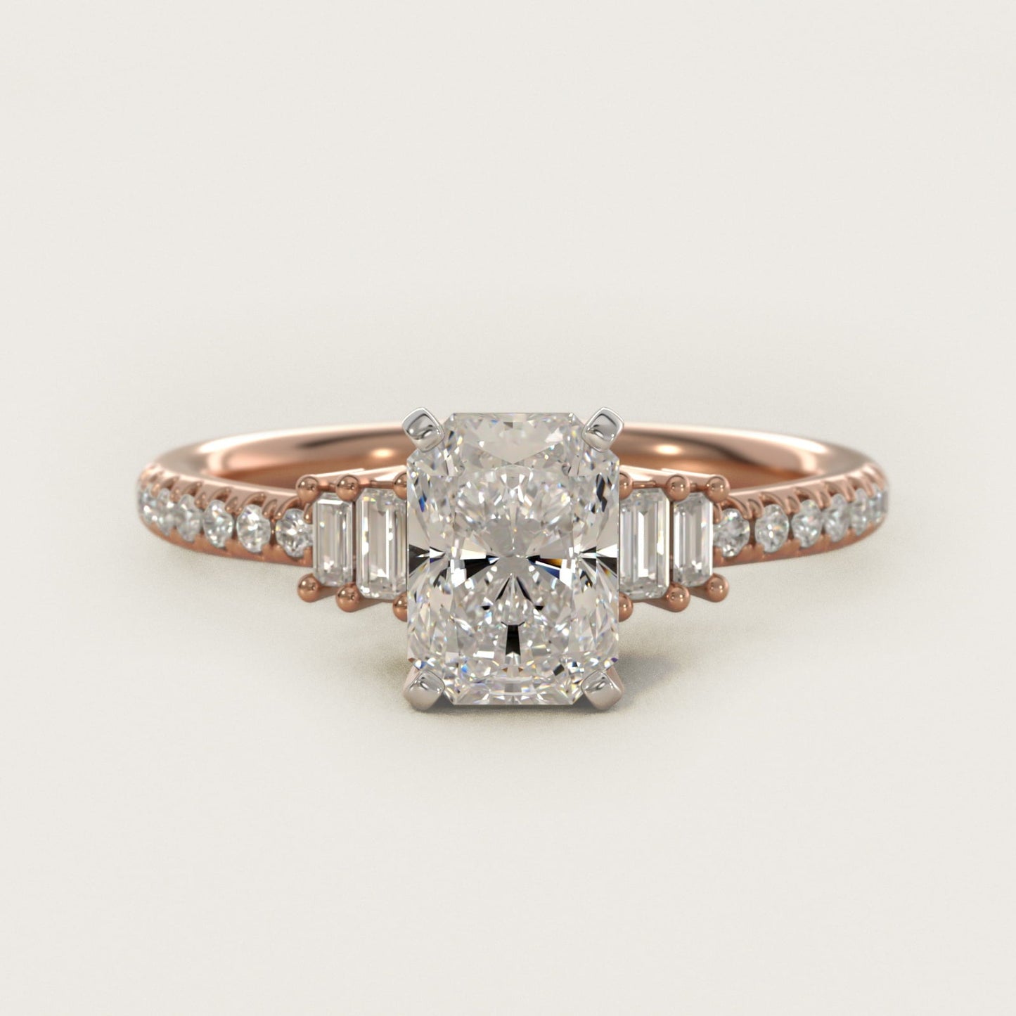 Petite Baguette and Pav? Diamond Engagement Ring in 18k Rose Gold - Radiant Center