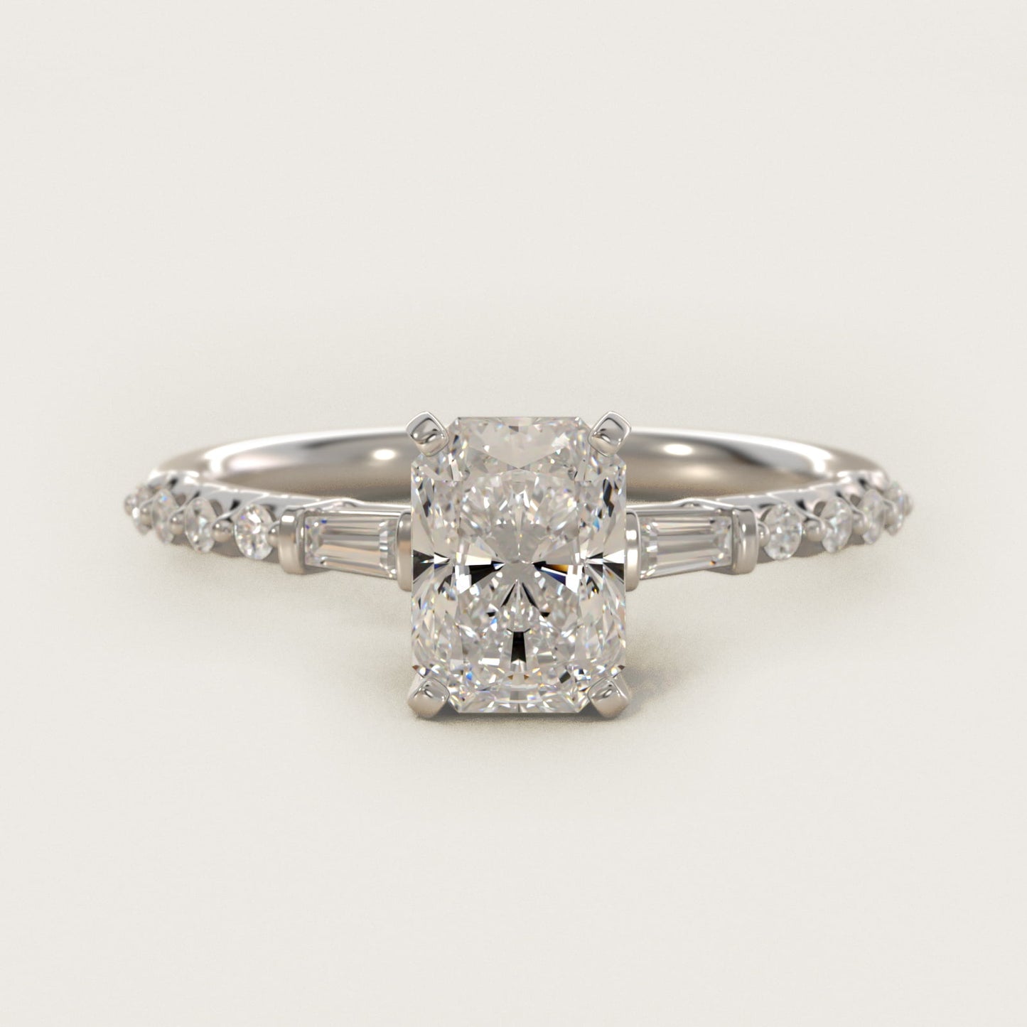 Petite Baguette and Floating Round Diamond Engagement Ring in 18k White Gold (1/5 ct. tw.) - Radiant Center