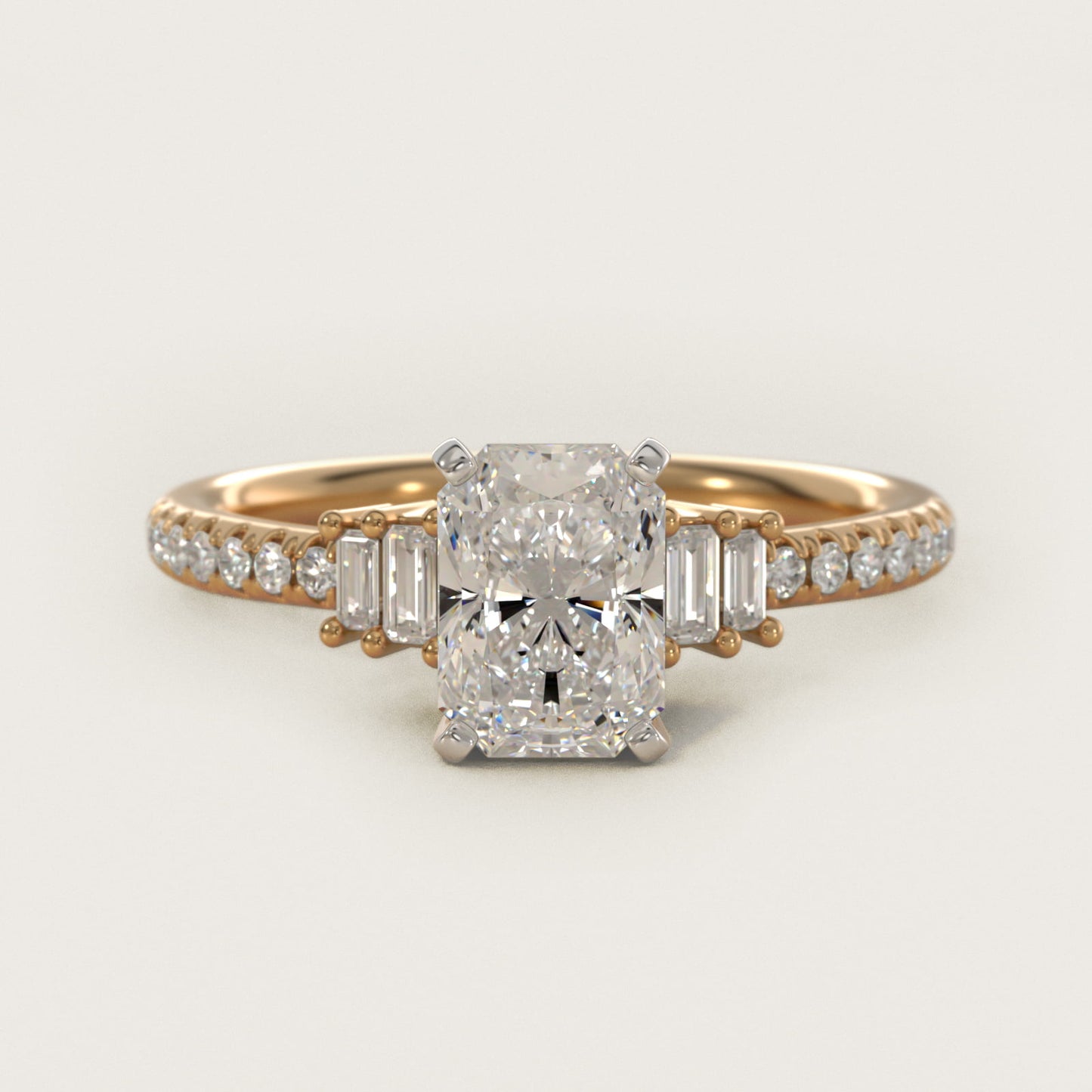 Petite Baguette and PavŽ Diamond Engagement Ring in 14k Yellow Gold - Radiant Center