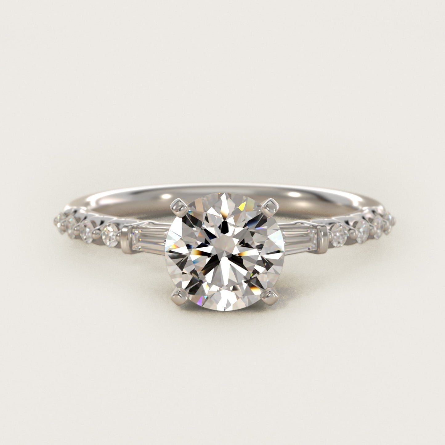Petite Baguette and Floating Round Diamond Engagement Ring in 18k White Gold (1/5 ct. tw.) - Round Center