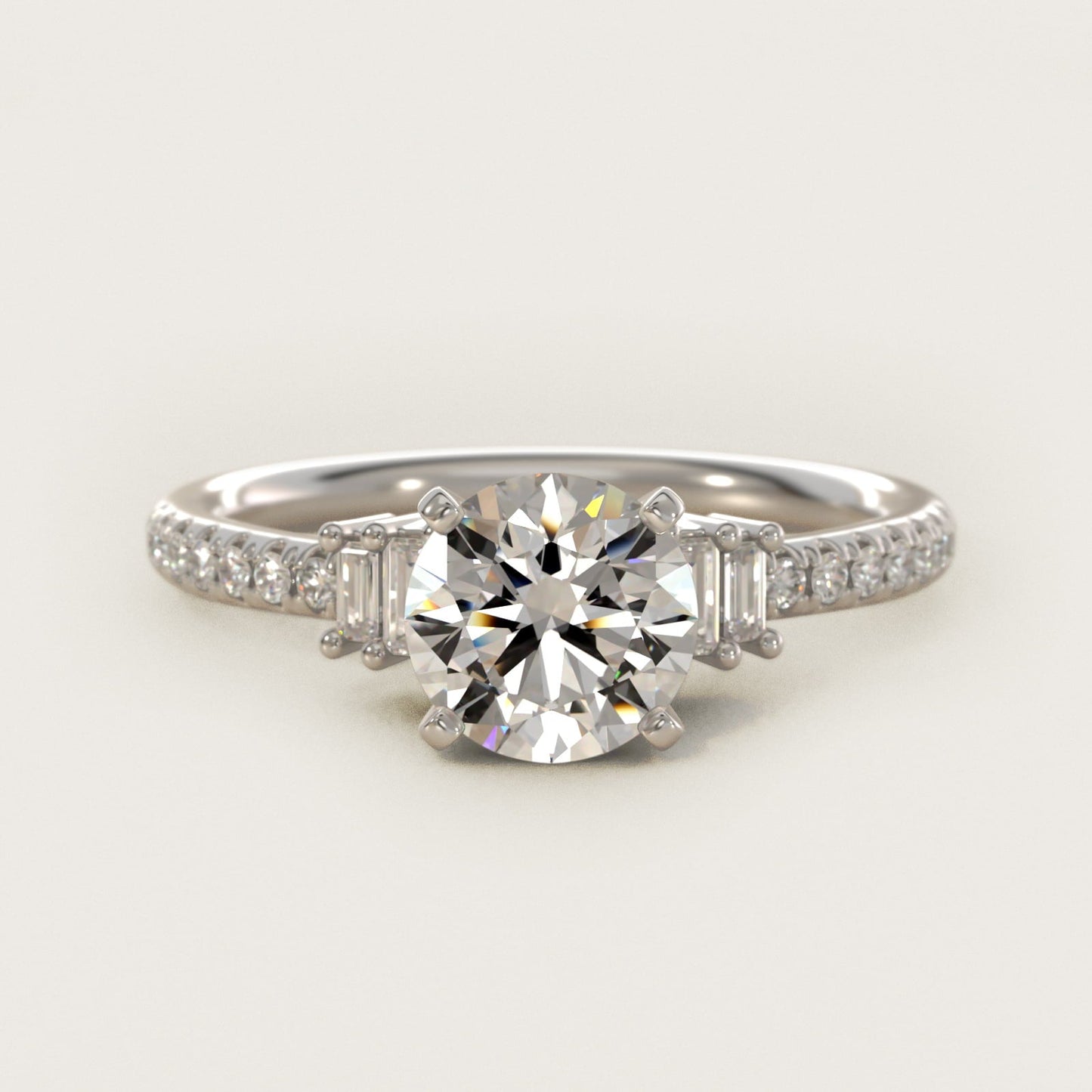 Petite Baguette and Pav? Diamond Engagement Ring in Platinum - Round Center