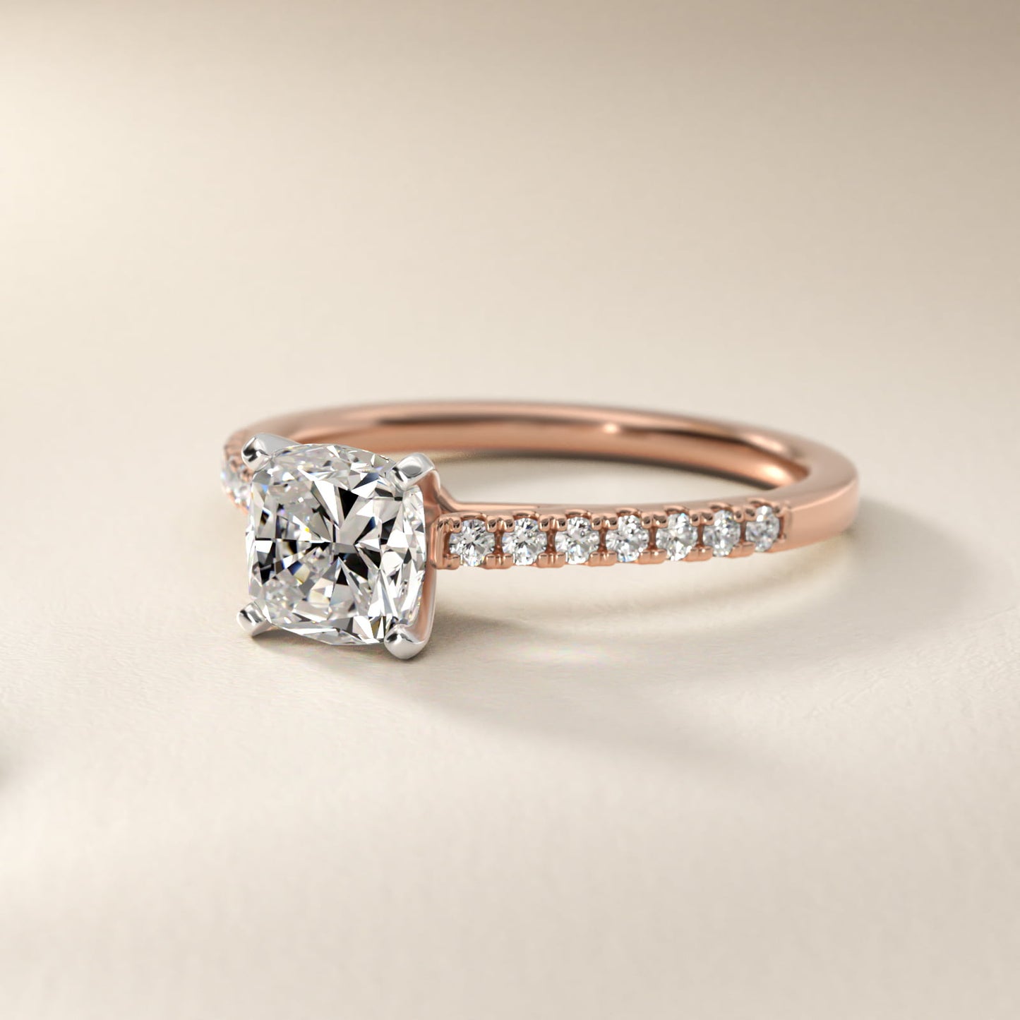 Petite Cathedral PavŽ Diamond Engagement Ring in 14k Rose Gold (1/6 ct. tw.) - Cushion Center