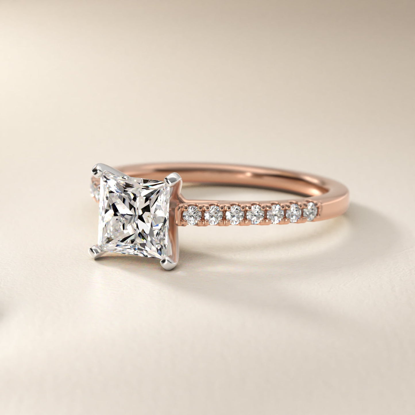 Petite Cathedral PavŽ Diamond Engagement Ring in 14k Rose Gold (1/6 ct. tw.) - Princess Center