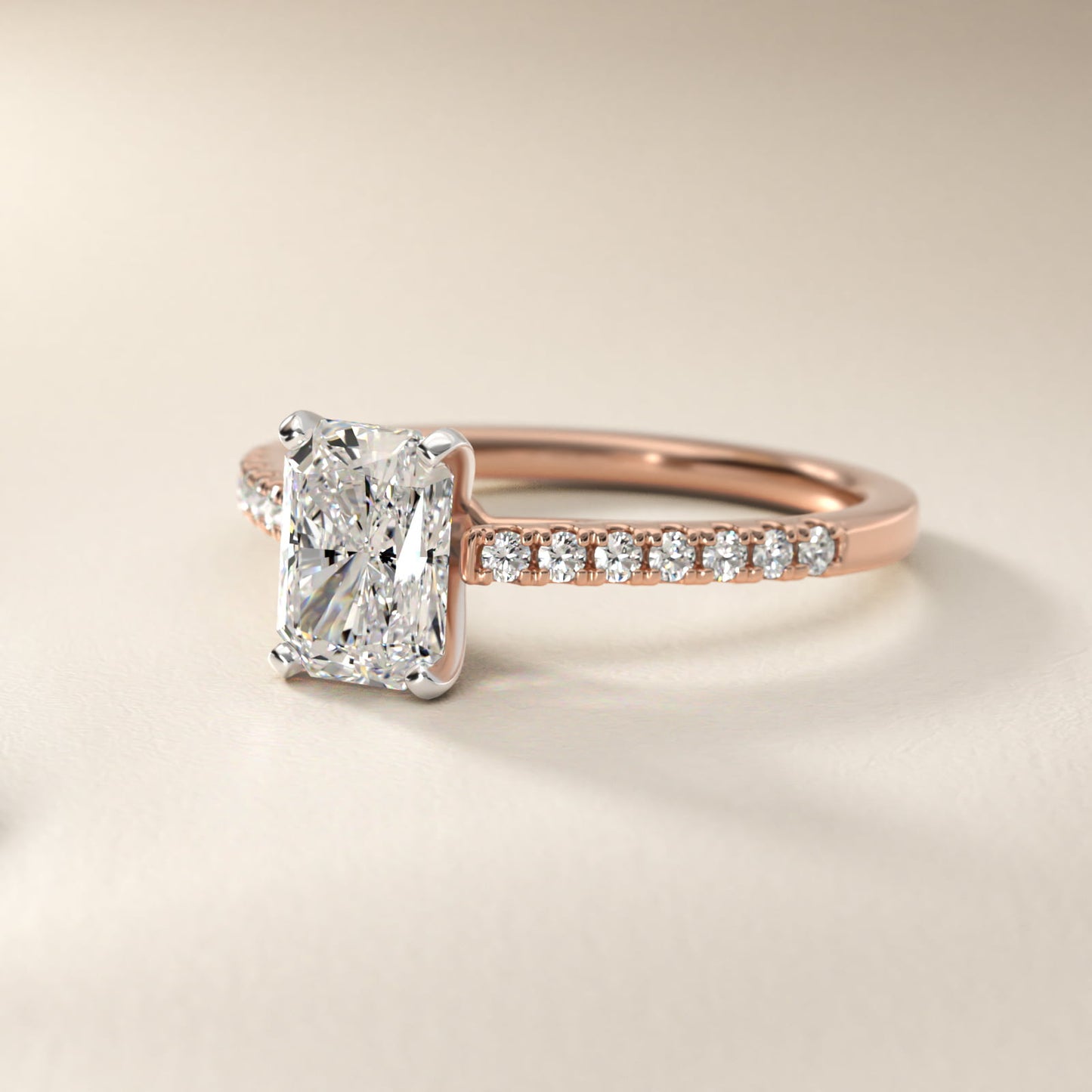 Petite Cathedral PavŽ Diamond Engagement Ring in 18k Rose Gold (1/6 ct. tw.) - Radiant Center