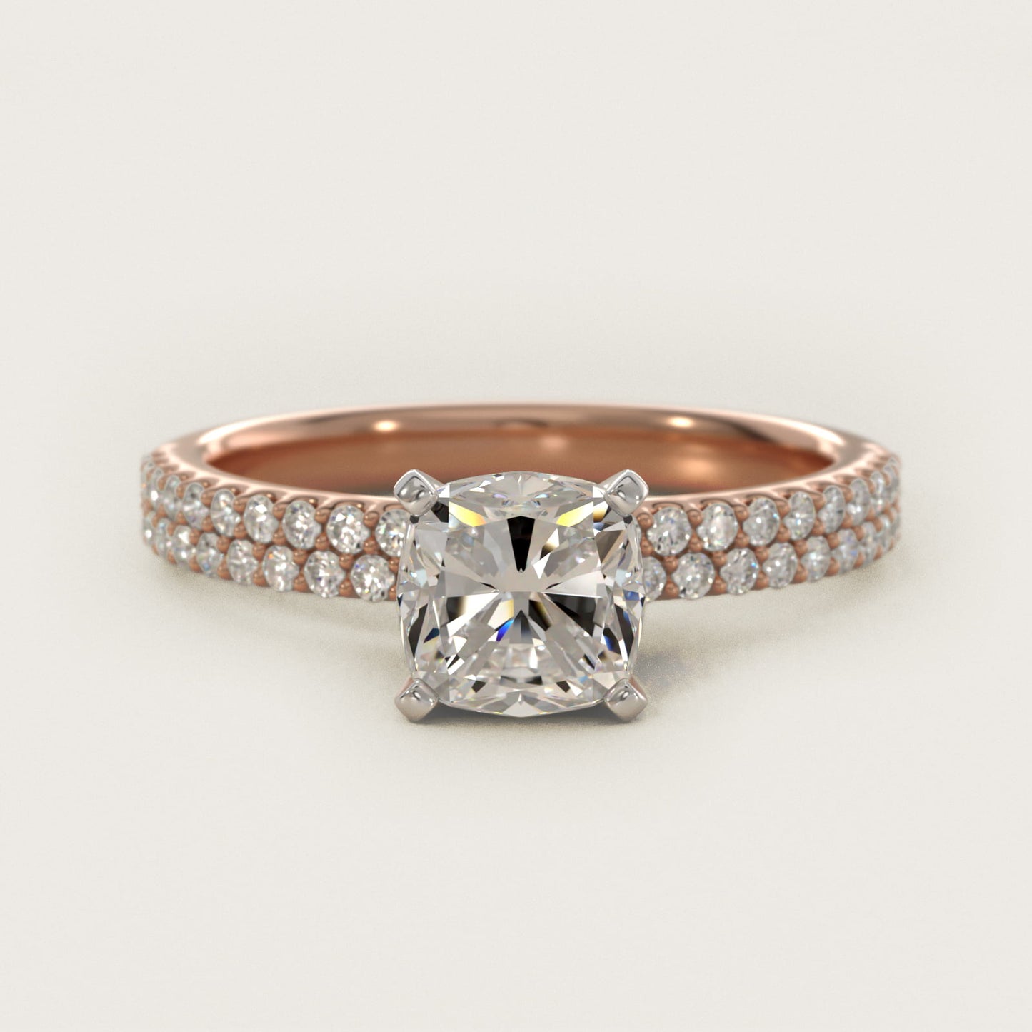 Petite Double Row Diamond Engagement Ring in 14k Rose Gold - Cushion Center