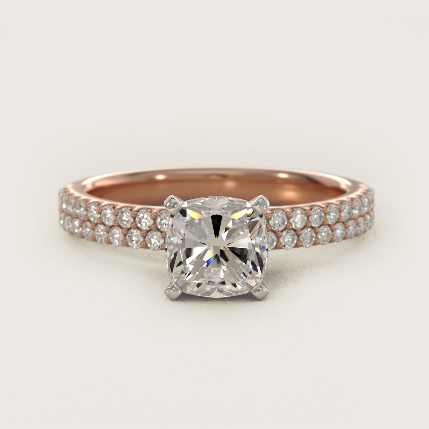 Petite Double Row Diamond Engagement Ring in 18k Rose Gold - Cushion Center