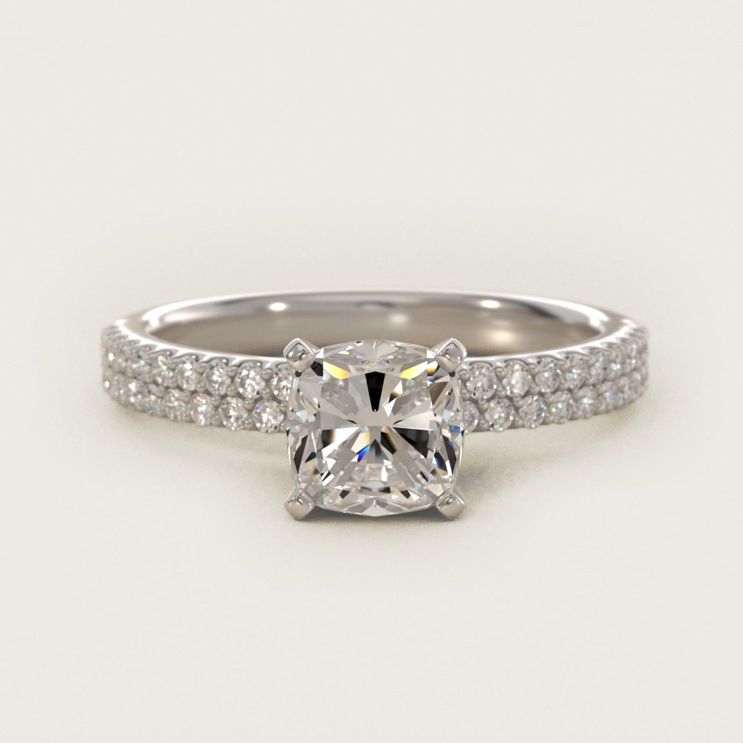 Petite Double Row Diamond Engagement Ring in 14k White Gold - Cushion Center
