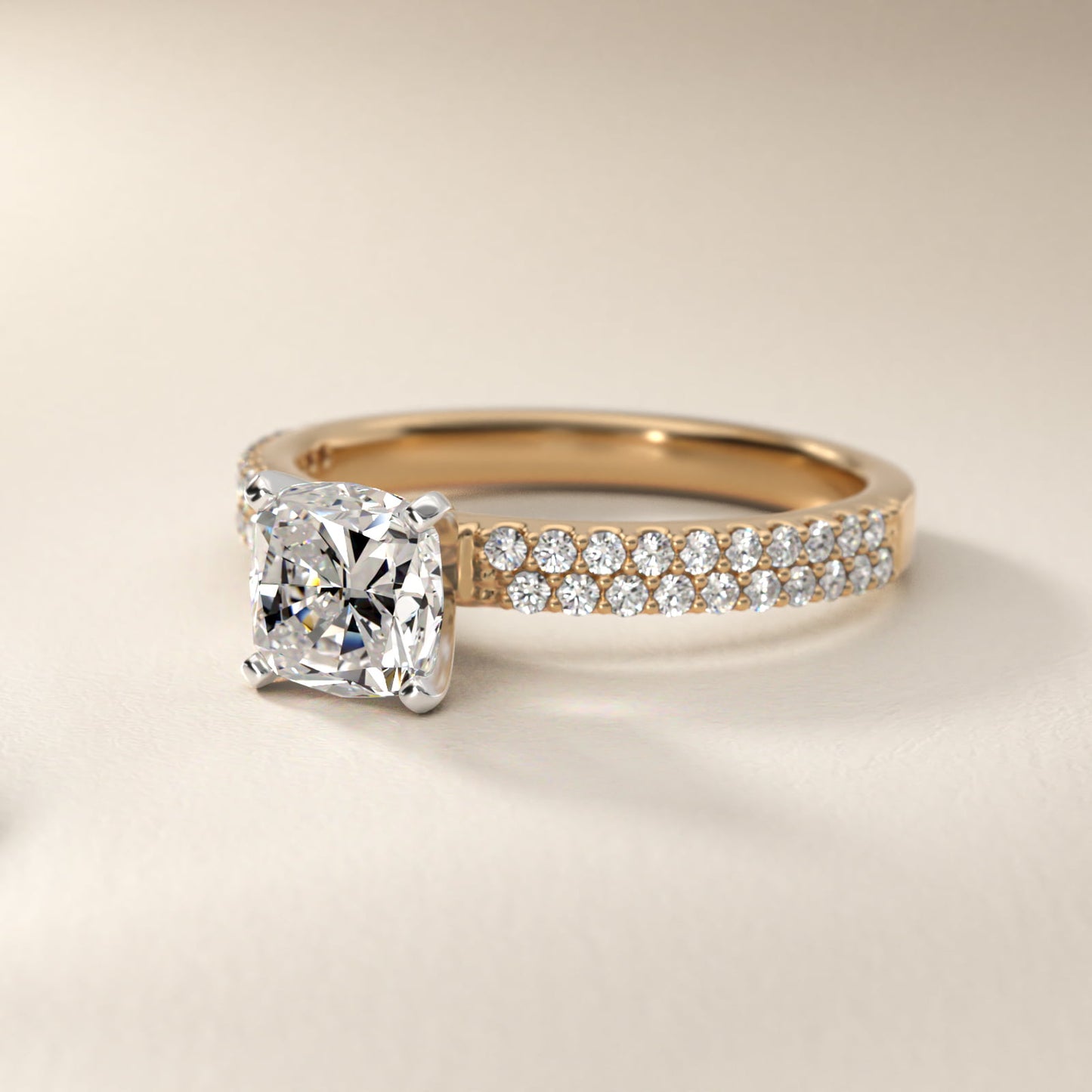 Petite Double Row Diamond Engagement Ring in 14k Yellow Gold - Cushion Center