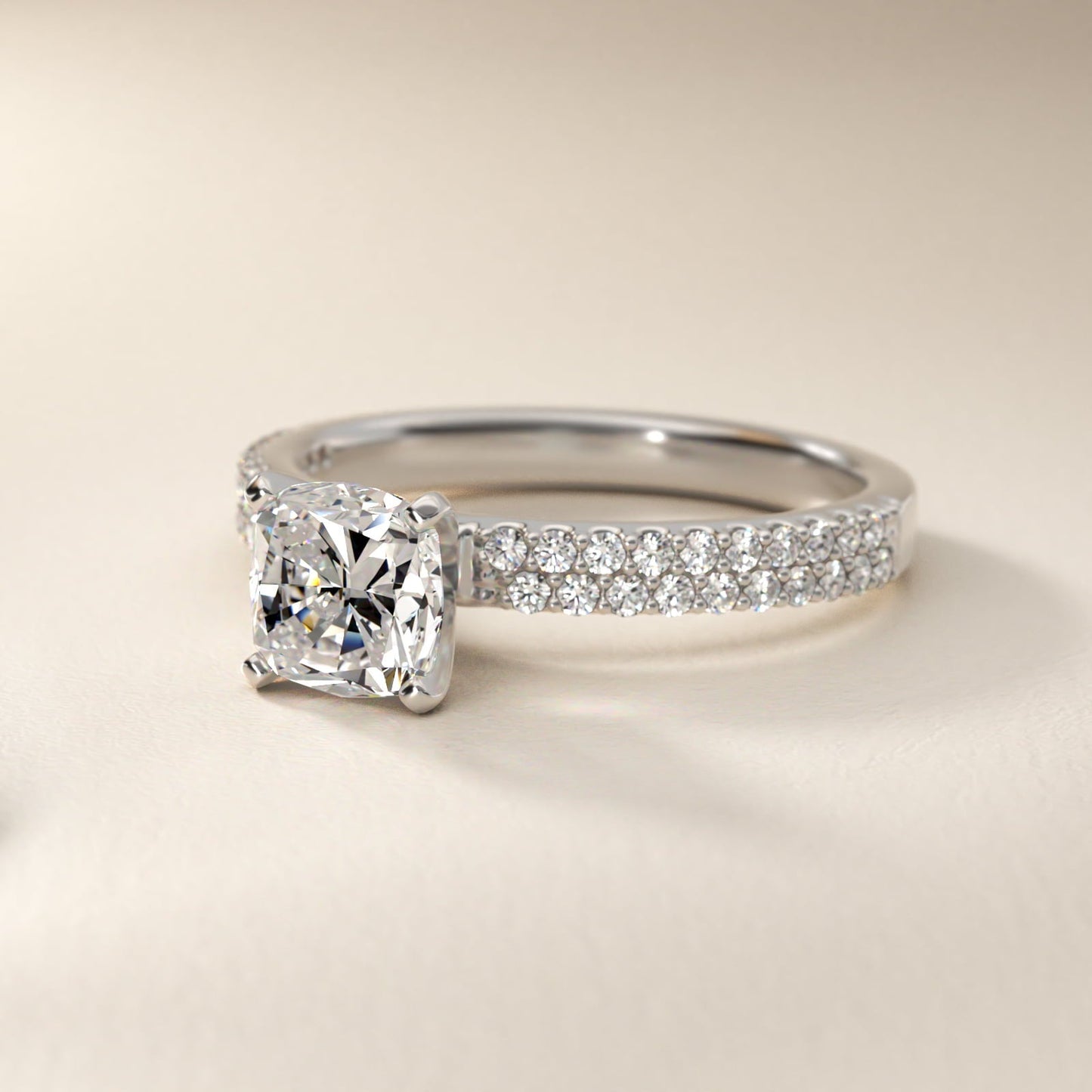 Petite Double Row Diamond Engagement Ring in Platinum - Cushion Center