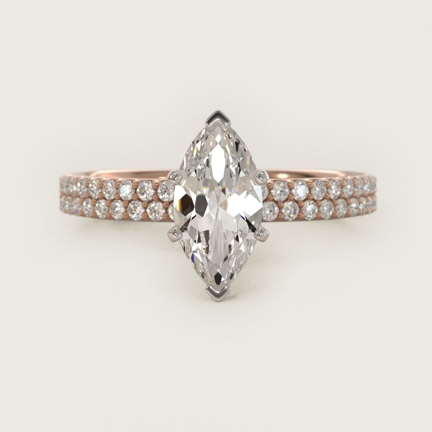 Petite Double Row Diamond Engagement Ring in 18k Rose Gold - Marquise Center