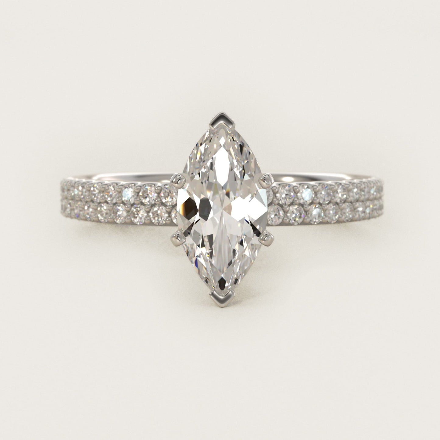 Petite Double Row Diamond Engagement Ring in 18k White Gold - Marquise Center