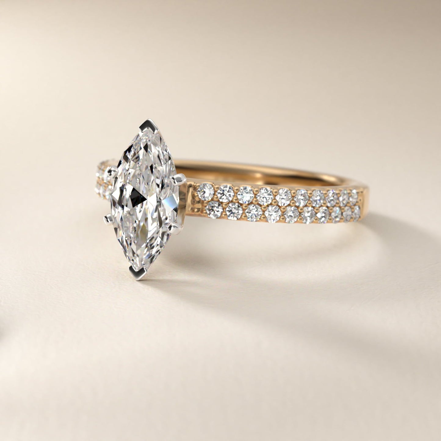 Petite Double Row Diamond Engagement Ring in 18k Yellow Gold - Marquise Center