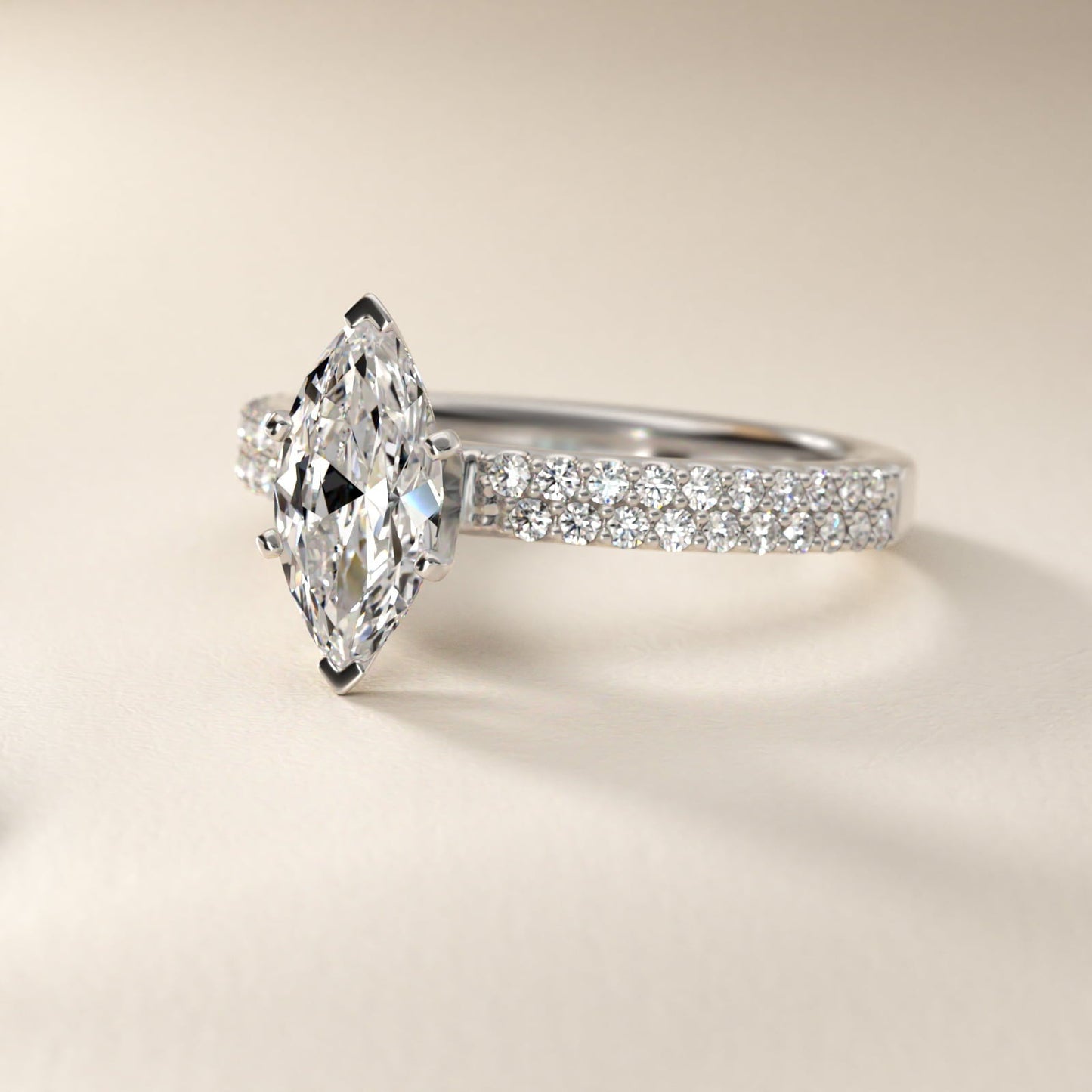 Petite Double Row Diamond Engagement Ring in Platinum - Marquise Center