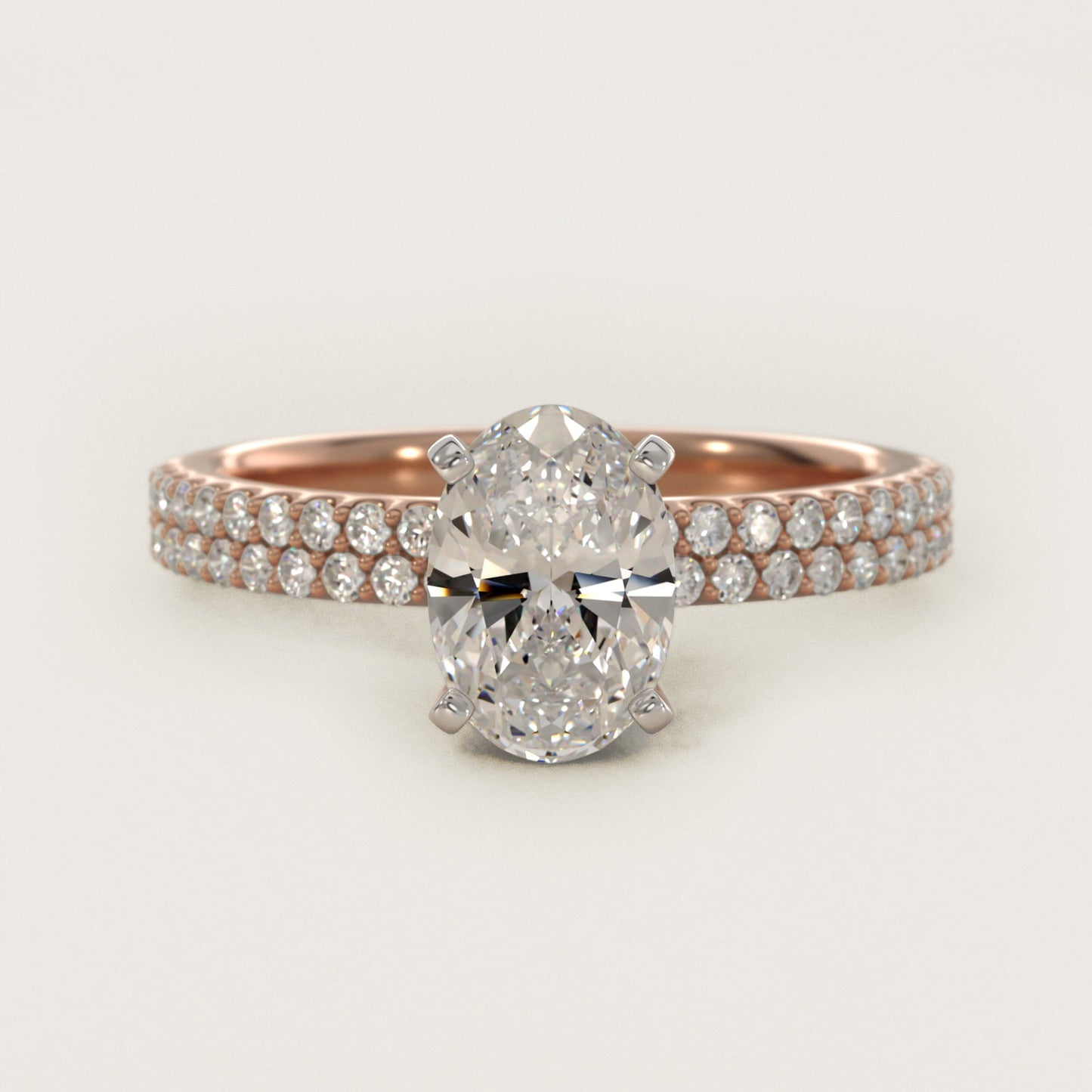 Petite Double Row Diamond Engagement Ring in 14k Rose Gold - Oval Center