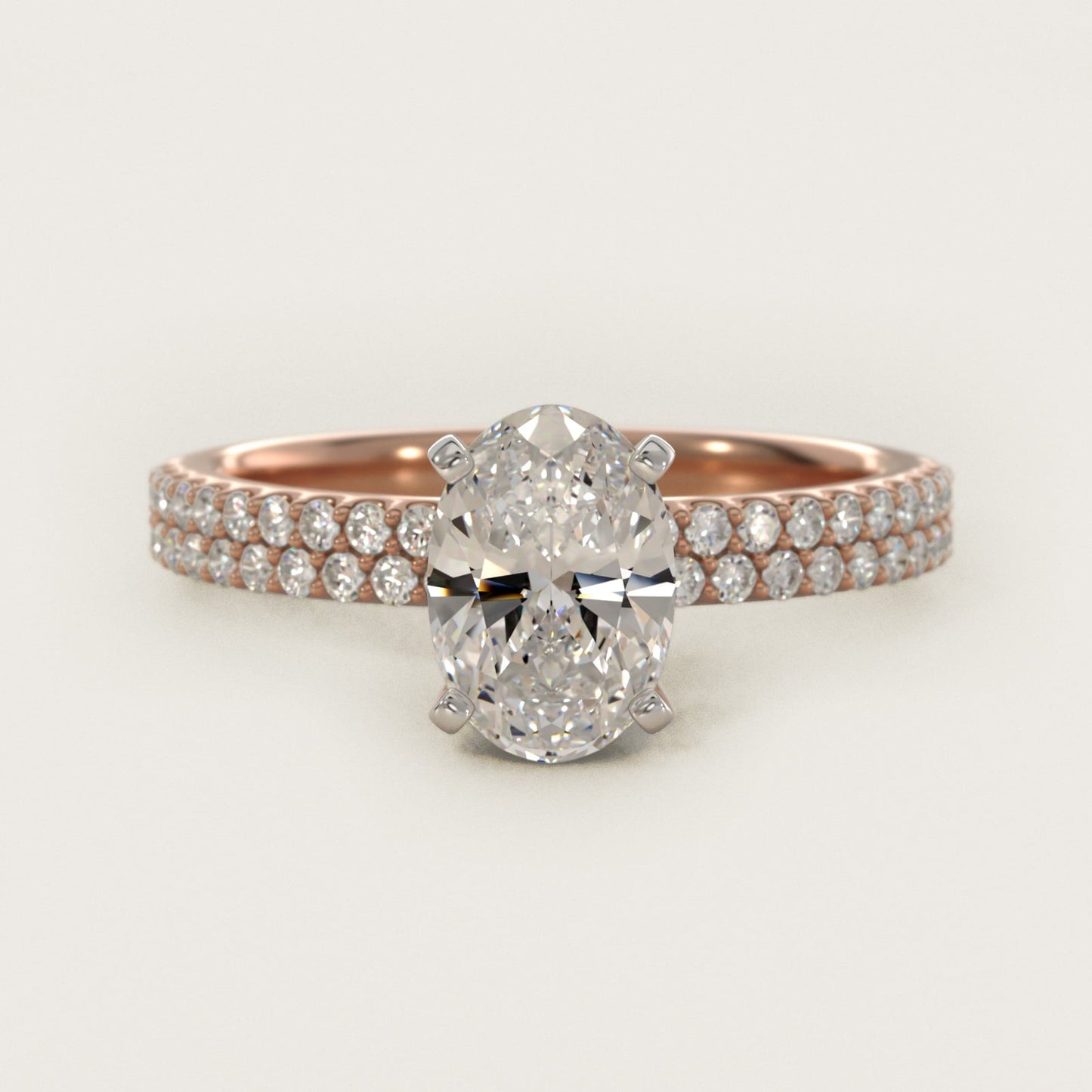 Petite Double Row Diamond Engagement Ring in 18k Rose Gold - Oval Center