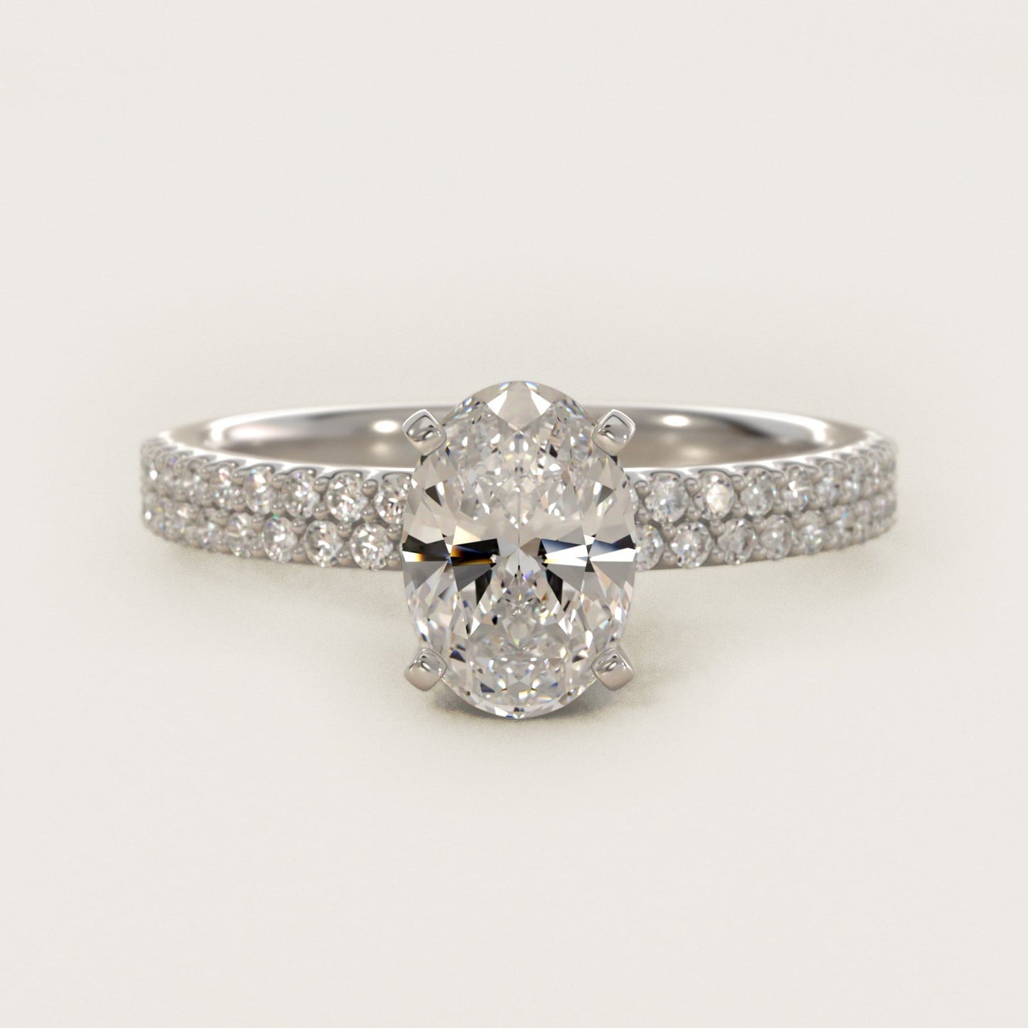 Petite Double Row Diamond Engagement Ring in 18k White Gold - Oval Center