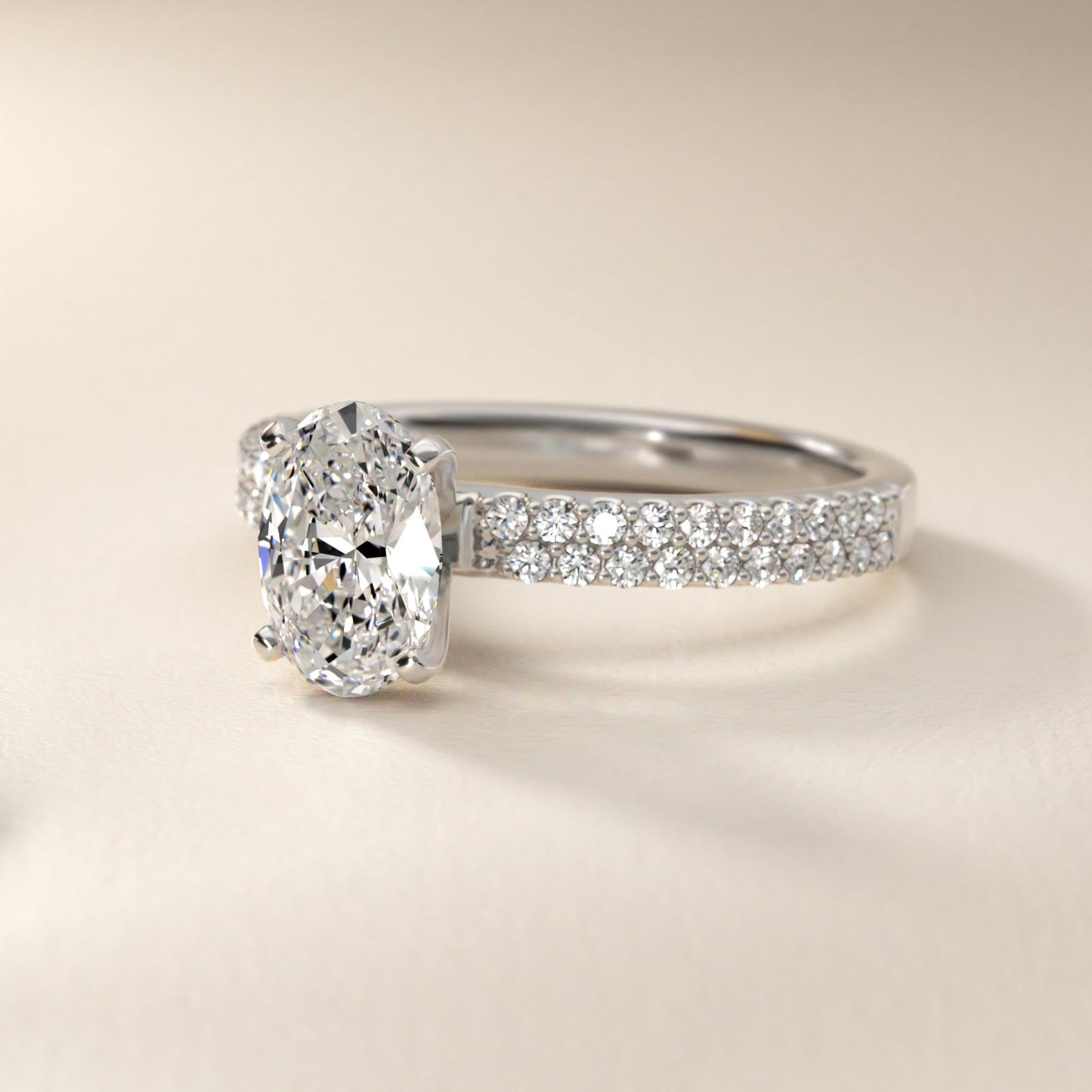 Petite Double Row Diamond Engagement Ring in Platinum - Oval Center