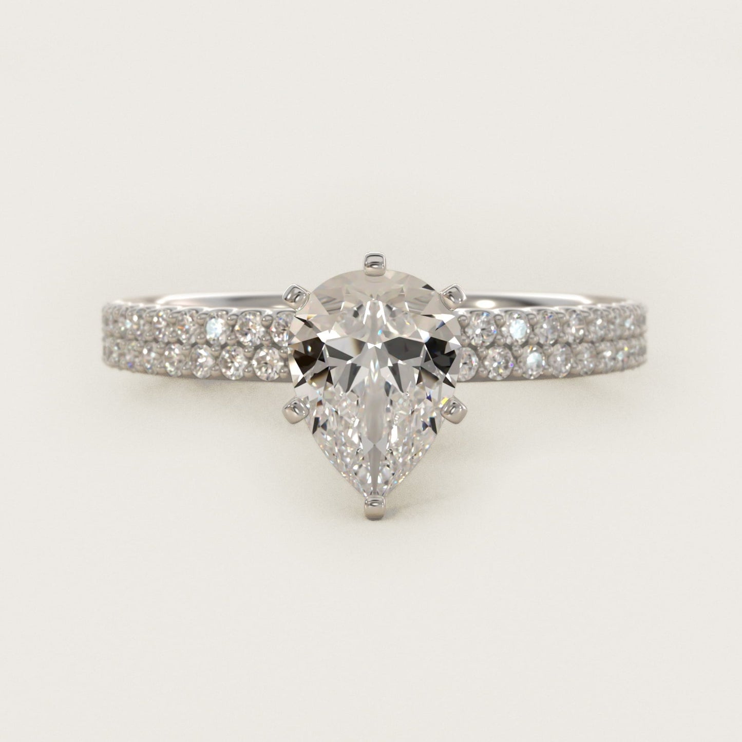 Petite Double Row Diamond Engagement Ring in 18k White Gold - Pear Center