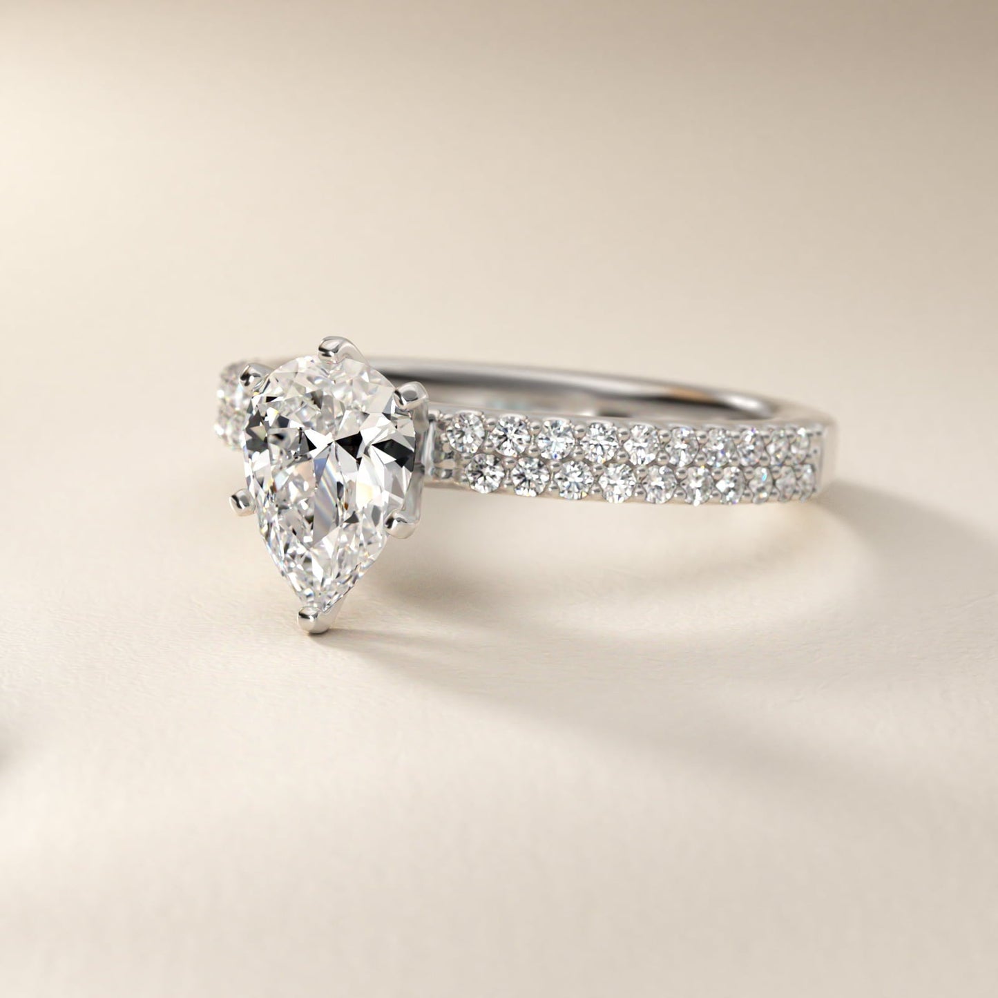 Petite Double Row Diamond Engagement Ring in Platinum - Pear Center