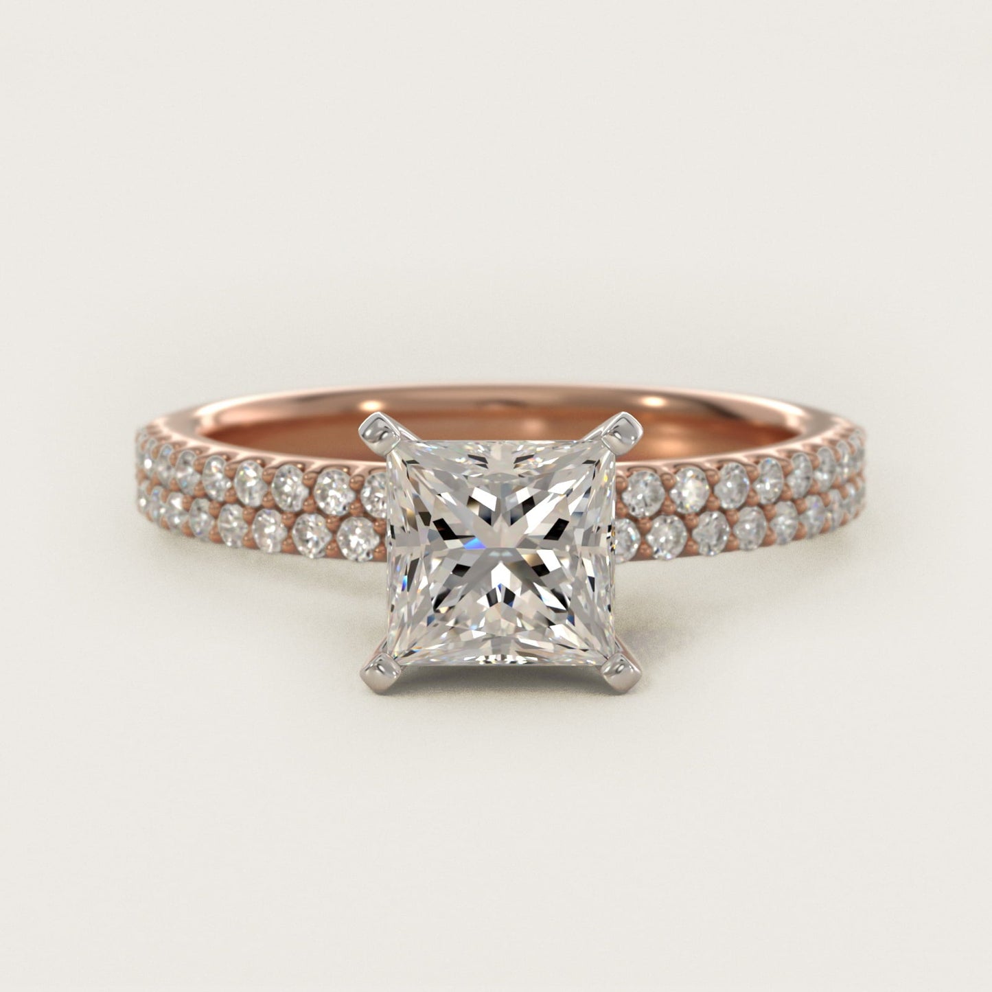 Petite Double Row Diamond Engagement Ring in 18k Rose Gold - Princess Center