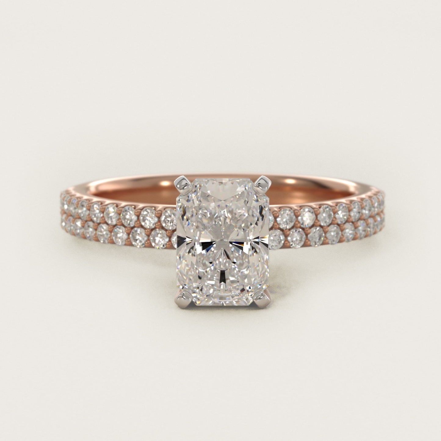 Petite Double Row Diamond Engagement Ring in 14k Rose Gold - Radiant Center