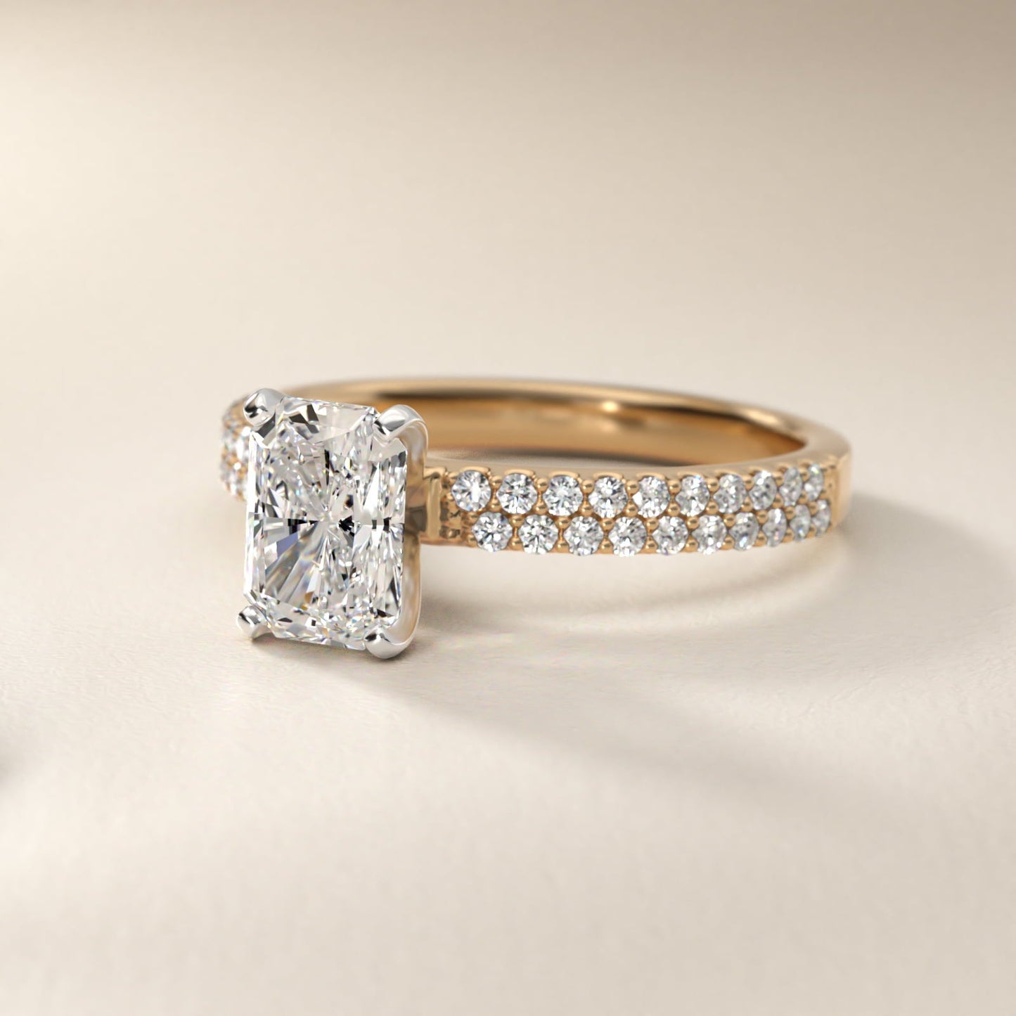 Petite Double Row Diamond Engagement Ring in 18k Yellow Gold - Radiant Center