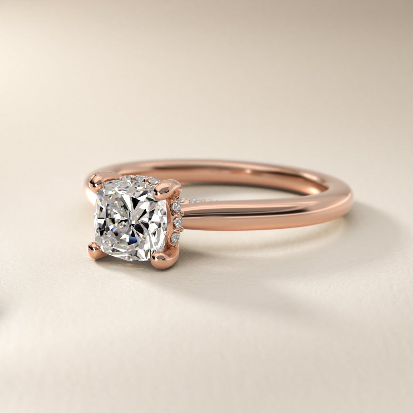 Petite Hidden Halo Solitaire Plus Diamond Engagement Ring in 14k Rose Gold - Cushion Center