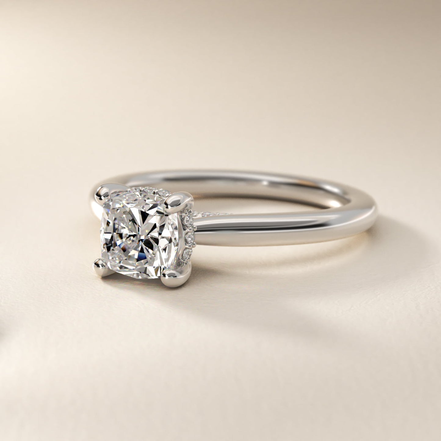 Petite Hidden Halo Solitaire Plus Diamond Engagement Ring in 14k White Gold - Cushion Center