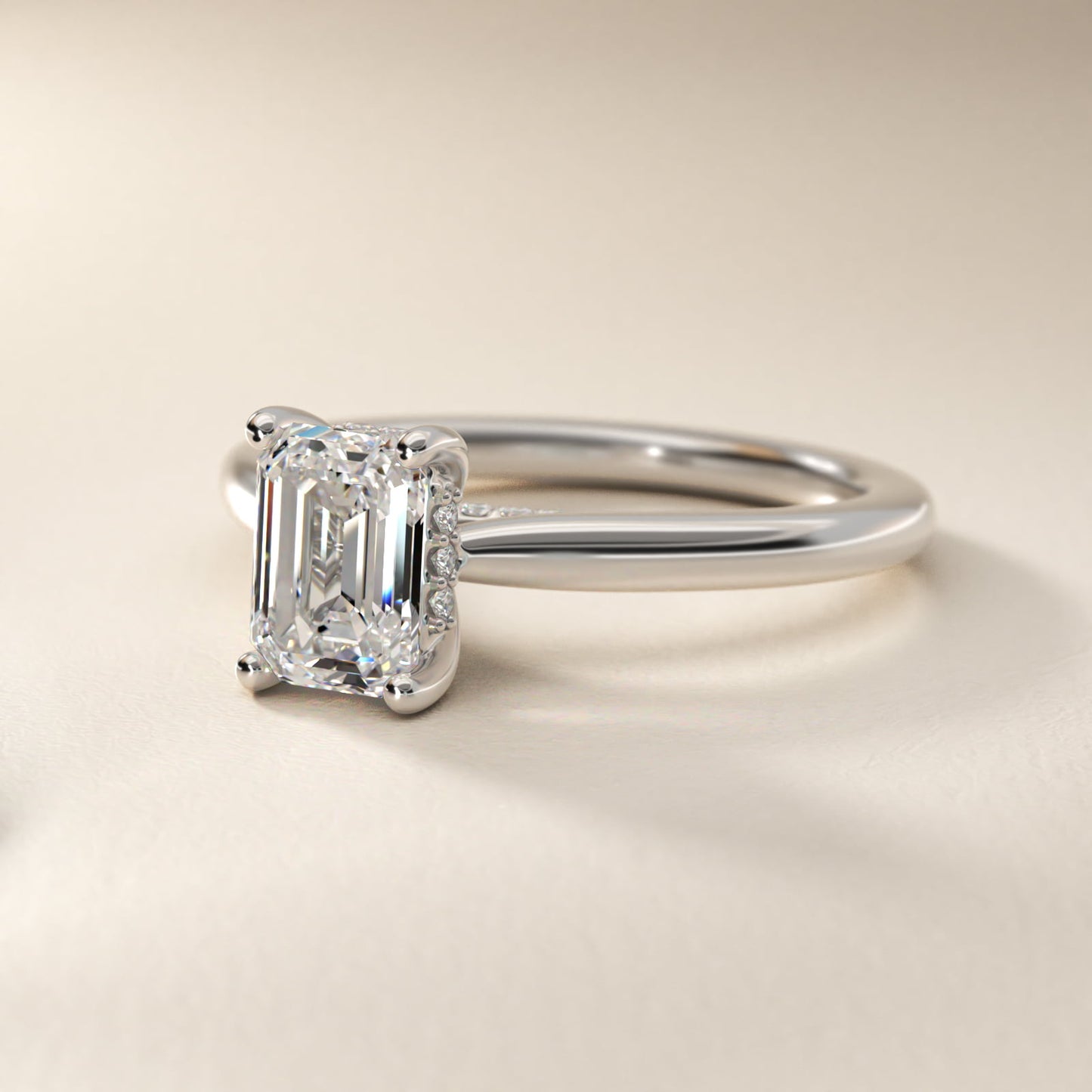 Petite Hidden Halo Solitaire Plus Diamond Engagement Ring in 14k White Gold - Emerald Center
