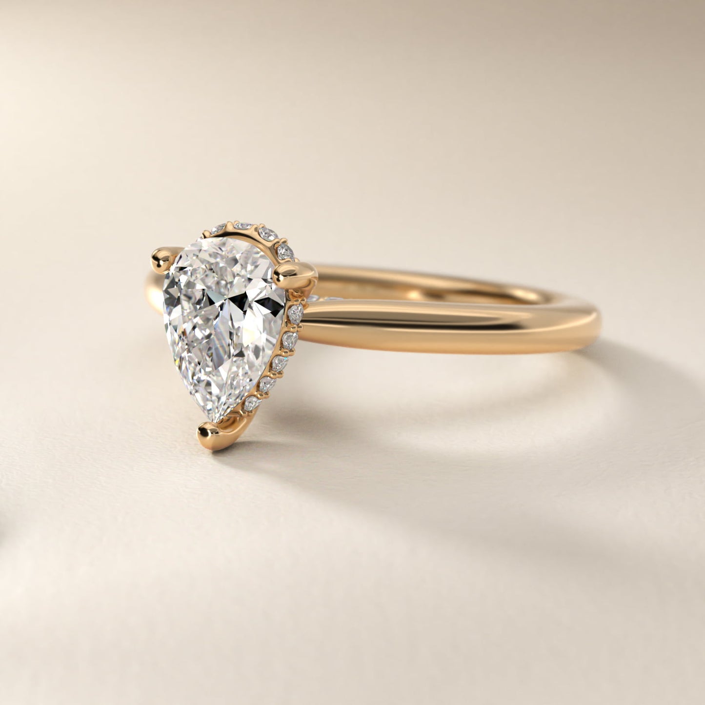 Petite Hidden Halo Solitaire Plus Diamond Engagement Ring in 14k Yellow Gold - Pear Center