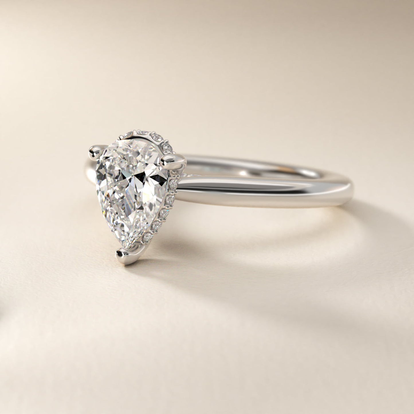 Petite Hidden Halo Solitaire Plus Diamond Engagement Ring in Platinum - Pear Center