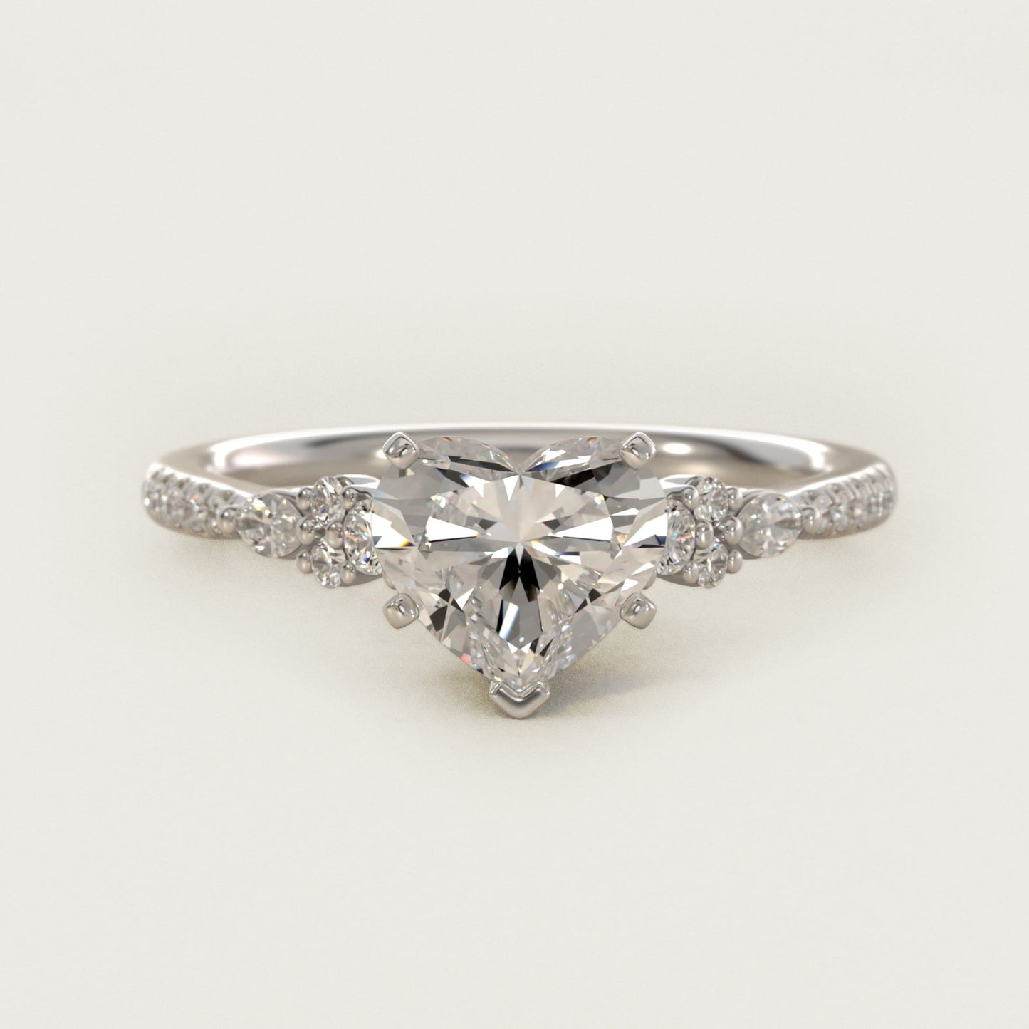 Petite Marquise and Round Diamond Engagement Ring in 18k White Gold - Heart Center