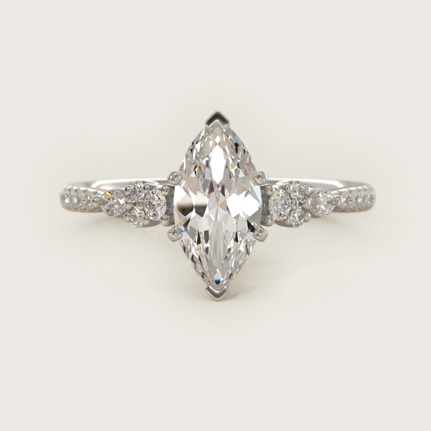 Petite Marquise and Round Diamond Engagement Ring in 14k White Gold - Marquise Center