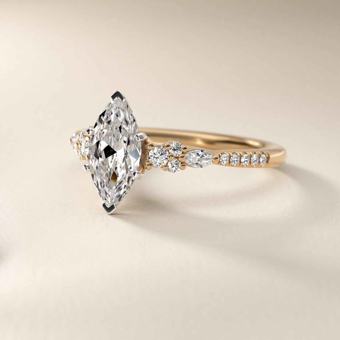 Petite Marquise and Round Diamond Engagement Ring in 14k Yellow Gold - Marquise Center