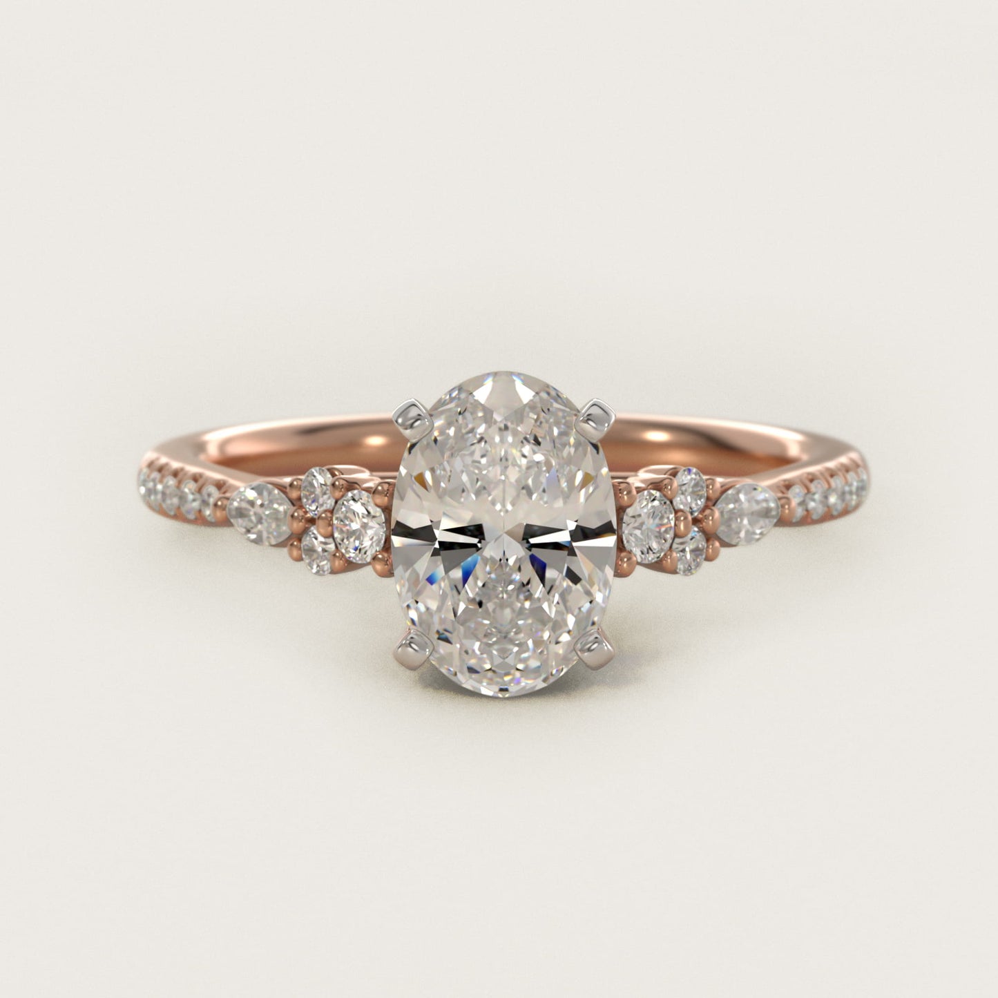 Petite Marquise and Round Diamond Engagement Ring in 14k Rose Gold - Oval Center