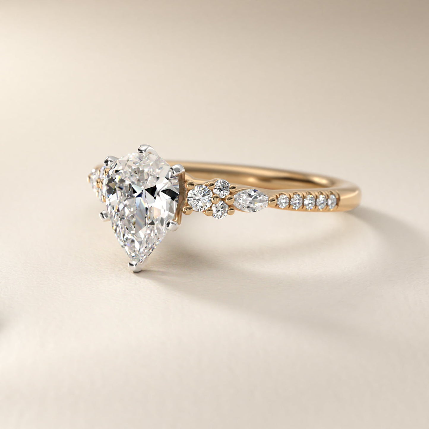Petite Marquise and Round Diamond Engagement Ring in 14k Yellow Gold - Pear Center