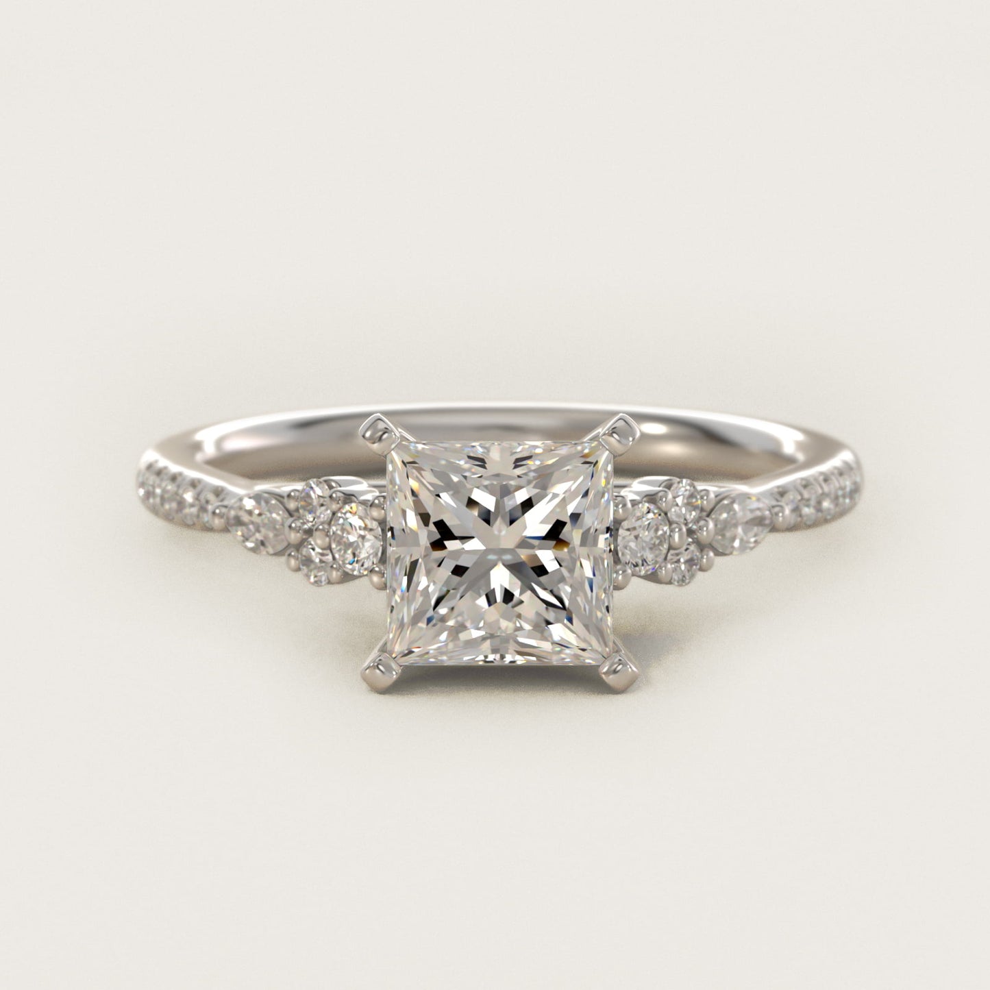 Petite Marquise and Round Diamond Engagement Ring in 14k White Gold - Princess Center