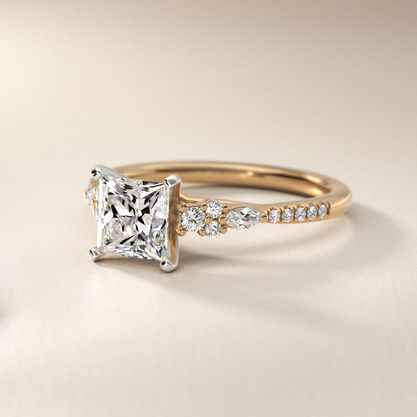 Petite Marquise and Round Diamond Engagement Ring in 14k Yellow Gold - Princess Center