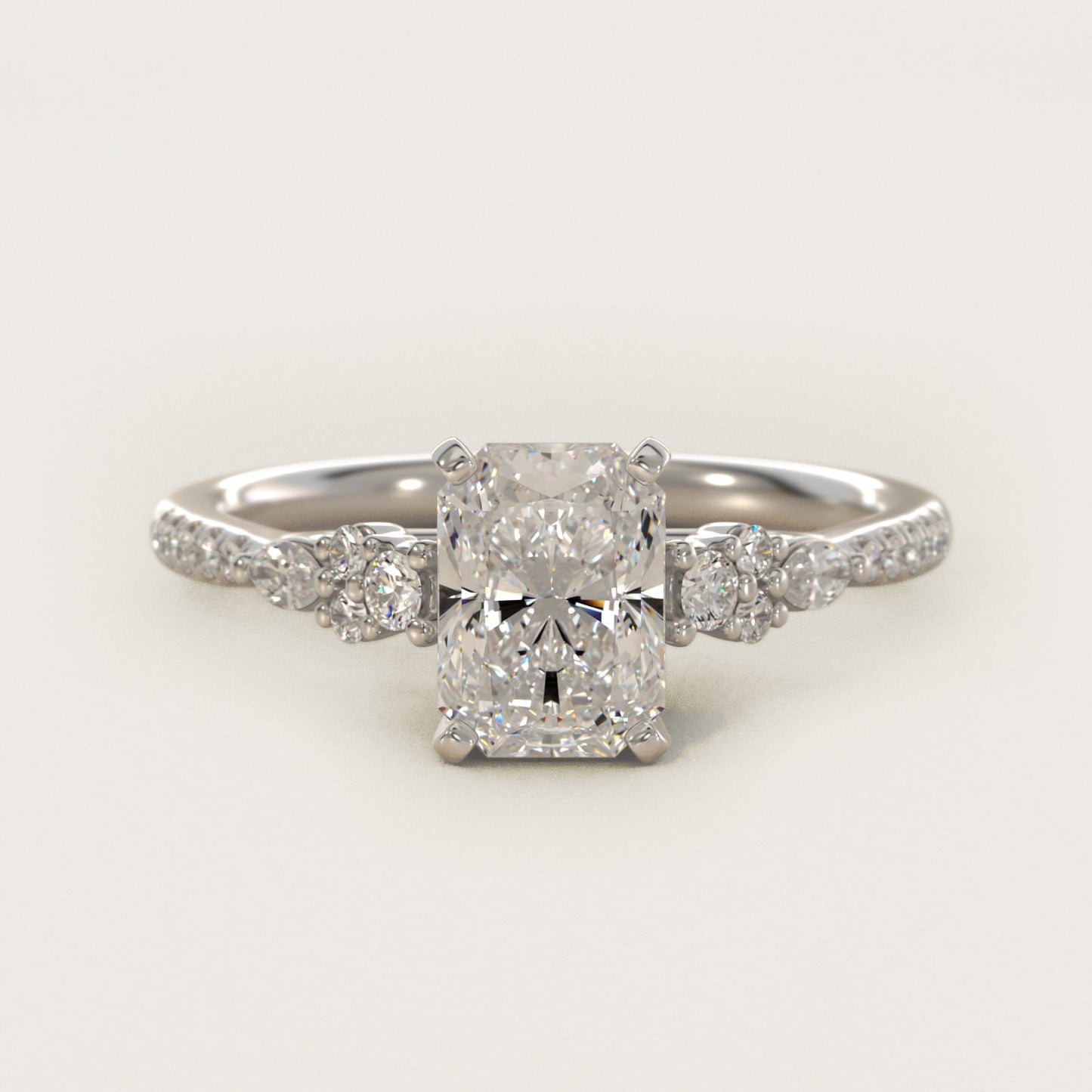 Petite Marquise and Round Diamond Engagement Ring in 14k White Gold - Radiant Center