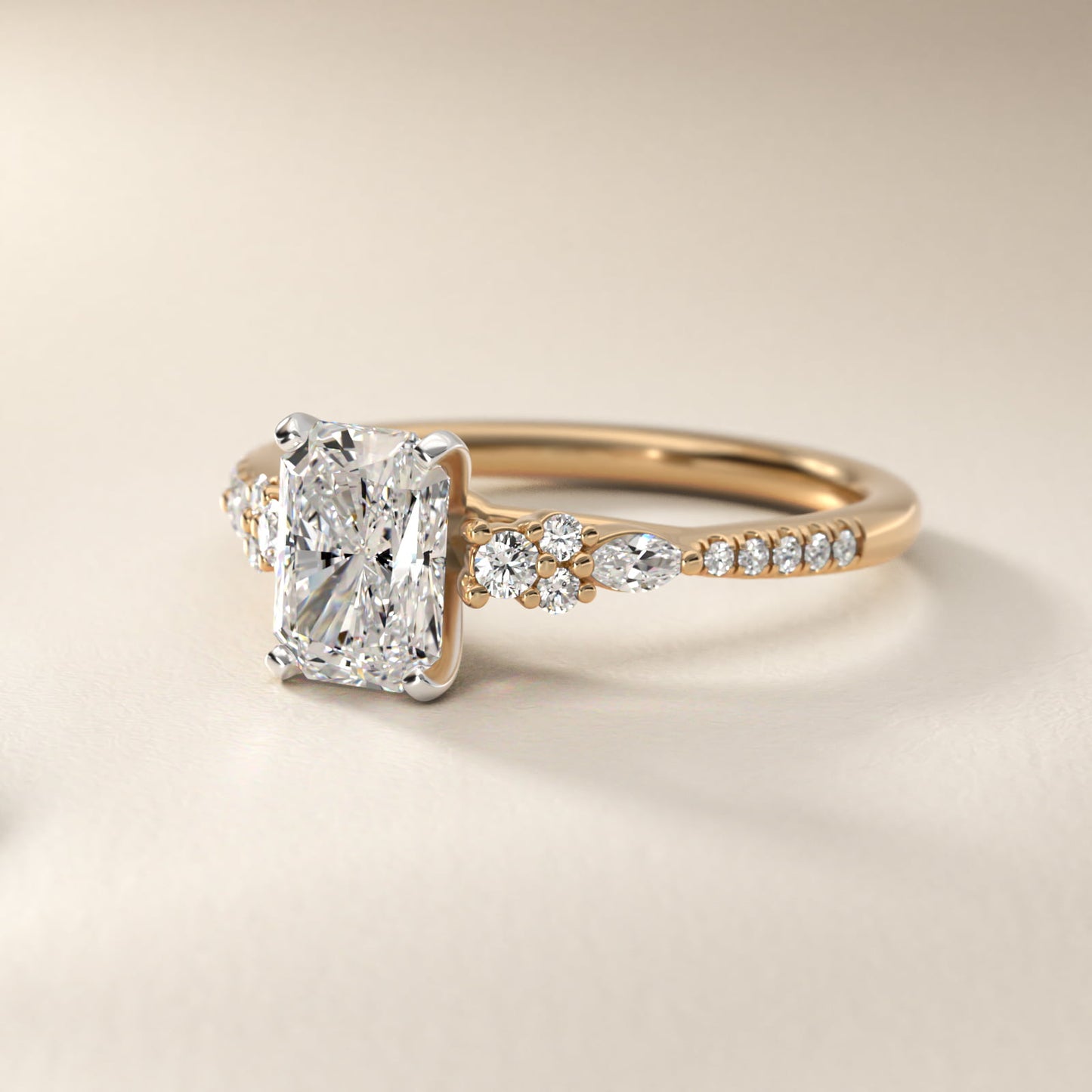Petite Marquise and Round Diamond Engagement Ring in 14k Yellow Gold - Radiant Center