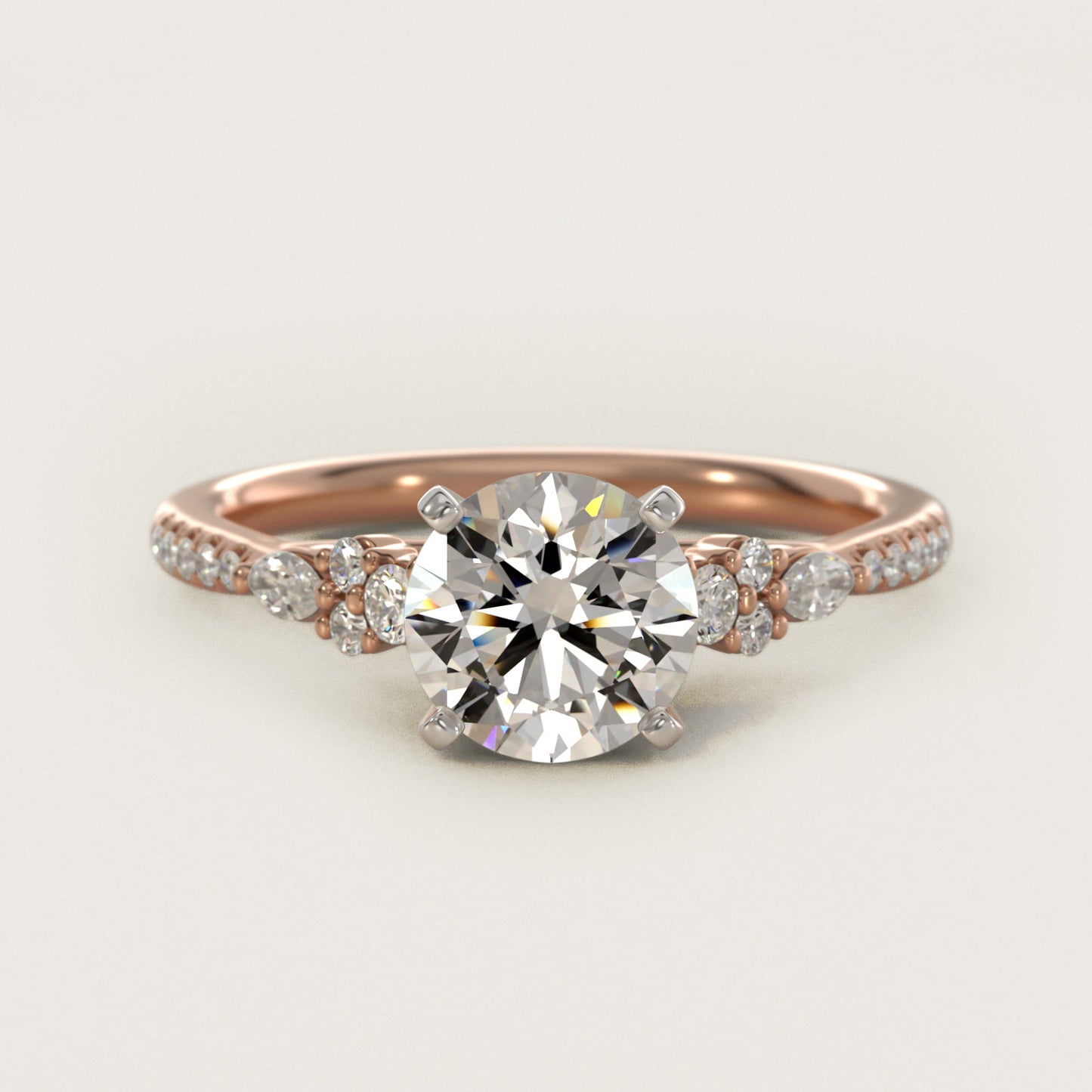 Petite Marquise and Round Diamond Engagement Ring in 14k Rose Gold - Round Center